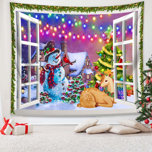 QGHOT Christmas Window Tapestry Wall Hanging, Christmas Backdrop Winter Window Wall Decor Xmas Snowman Deer Tapestries for Bedroom Living Room Dorm Holiday Party Decoration