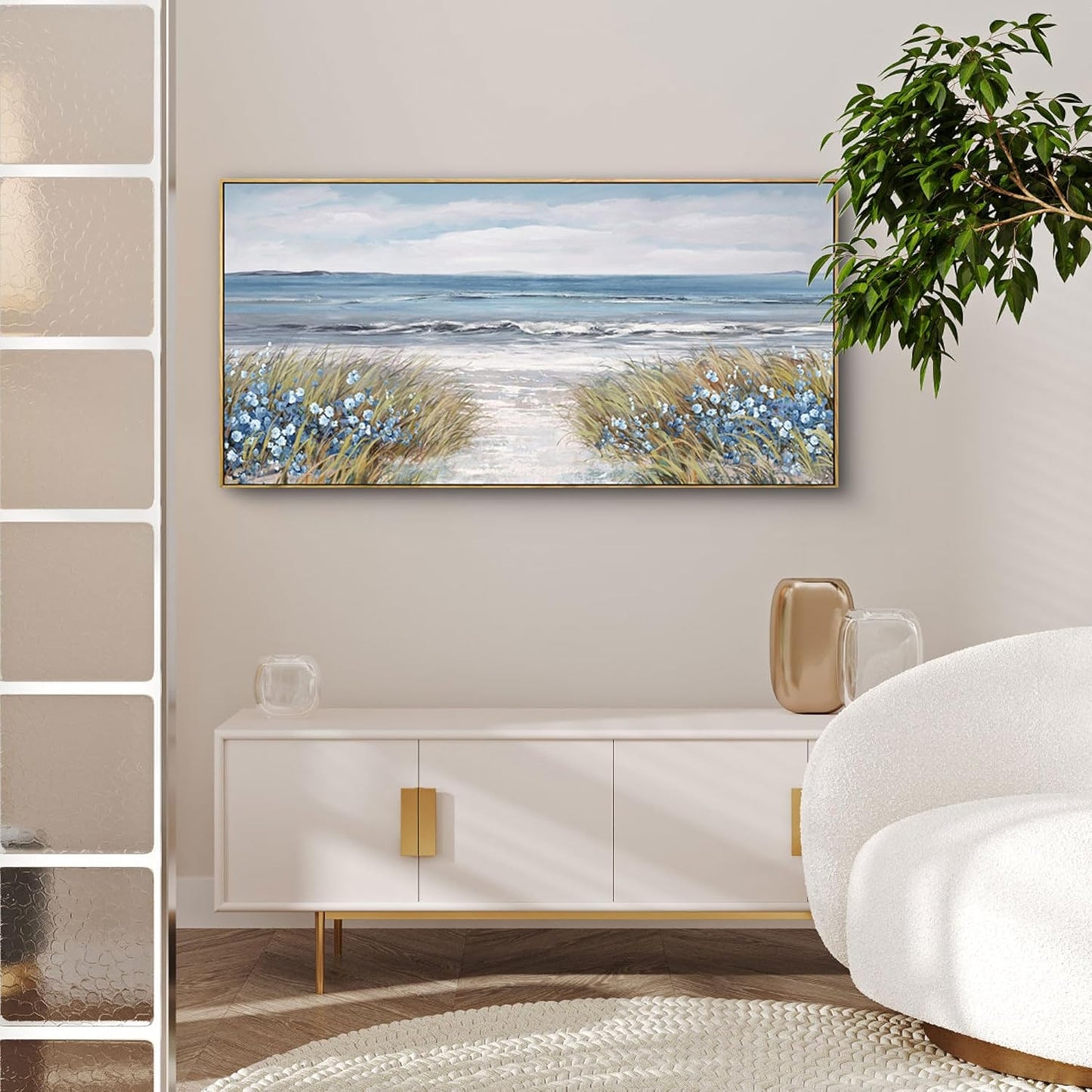 XLSJERST Framed Wall Art for Bedroom Decor - Farmhouse Boho Beach Coastal Vintage Floral Ocean Wall Picture Daisy Flowers Sea Canvas Print Nautical Neutral Seascape Artwork for Home Living Room