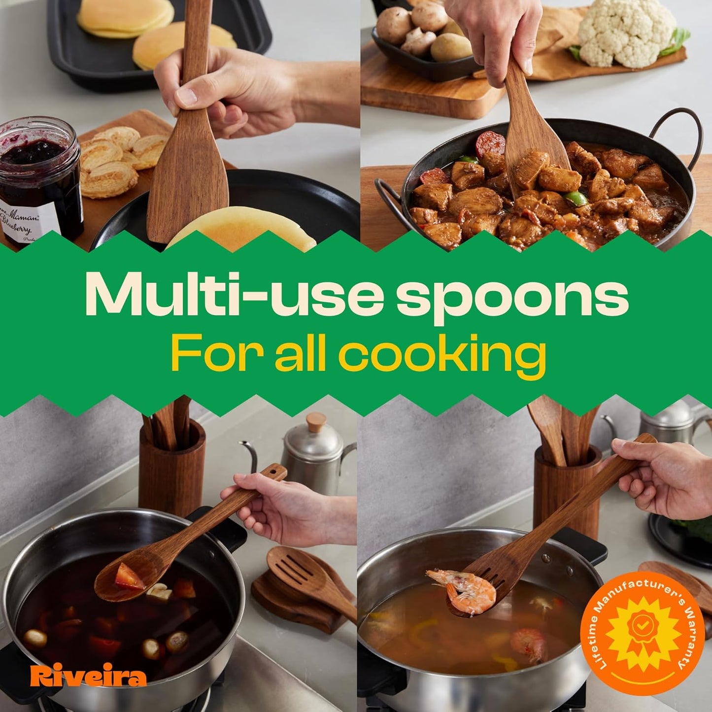 Riveira Teak Wooden Spoons for Cooking Set of 6 – Natural Teak Wooden Cooking Utensils, Wooden Spatula, Wooden Spoon - Premium Quality Wooden Utensil Set for Non-Toxic Cooking