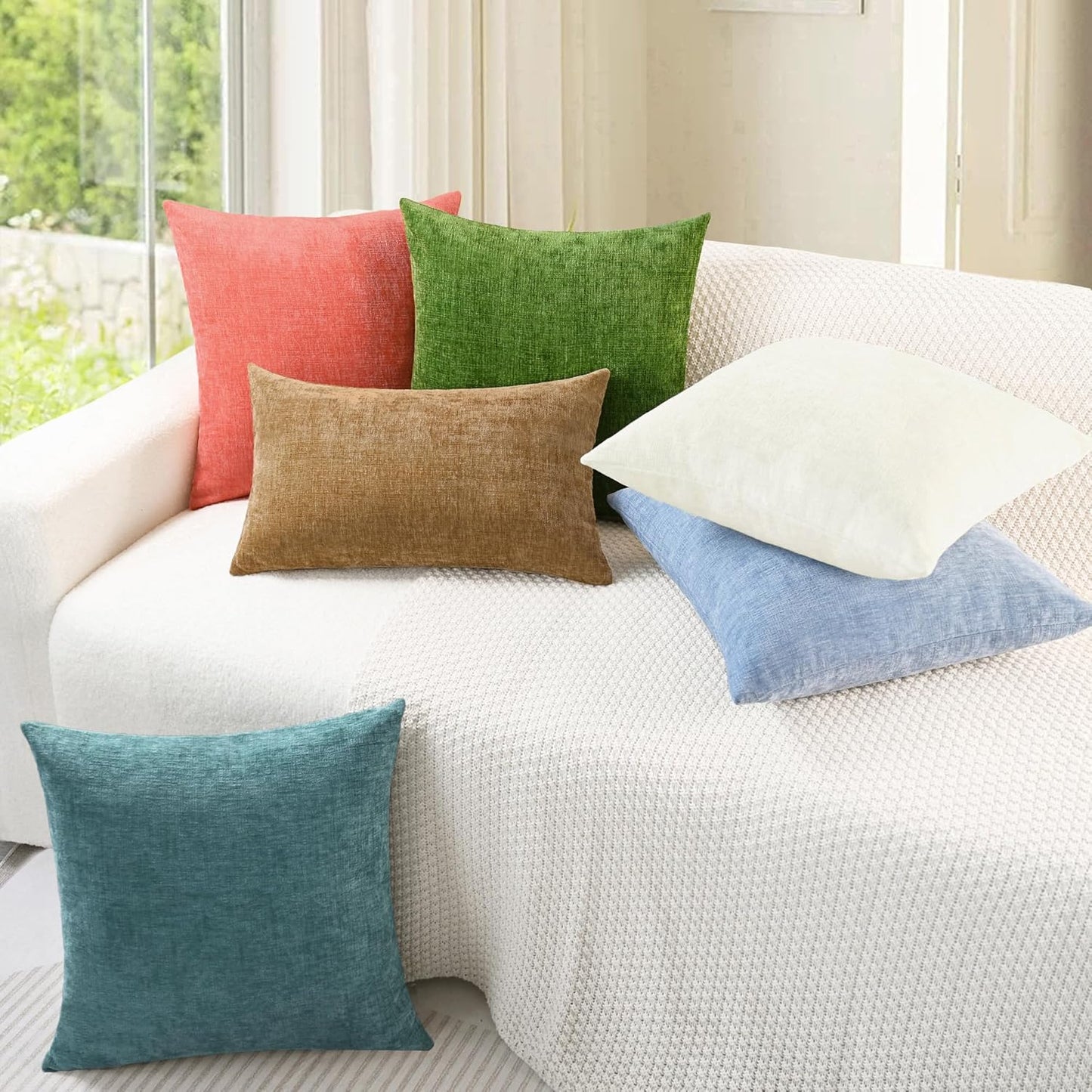 CaliTime Throw Pillow Covers Decorative 18 X 18 Inches Pack of 2 Cozy Chenille Cushion Cases for Couch Sofa Bed Living Room Home Cream