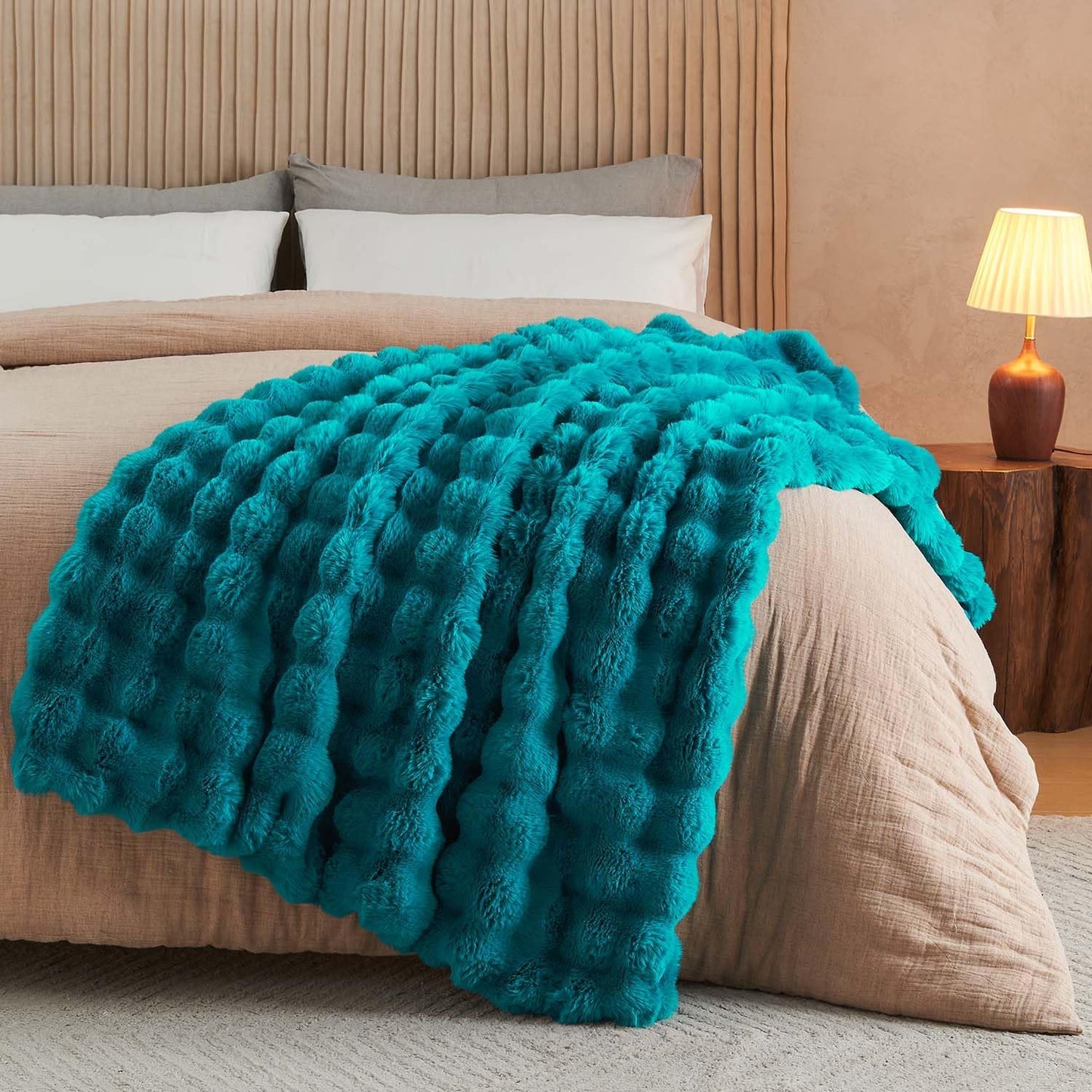 Lotus Karen Faux Fur Throw Blanket Teal - Big Bubble Rabbit Fluff Blanket for Couch Bed Sofa,Softest Fluffy Fuzzy Cozy Blanket,Thick Furry Plush Shaggy Warm Blankets for Women,90x90 Inches