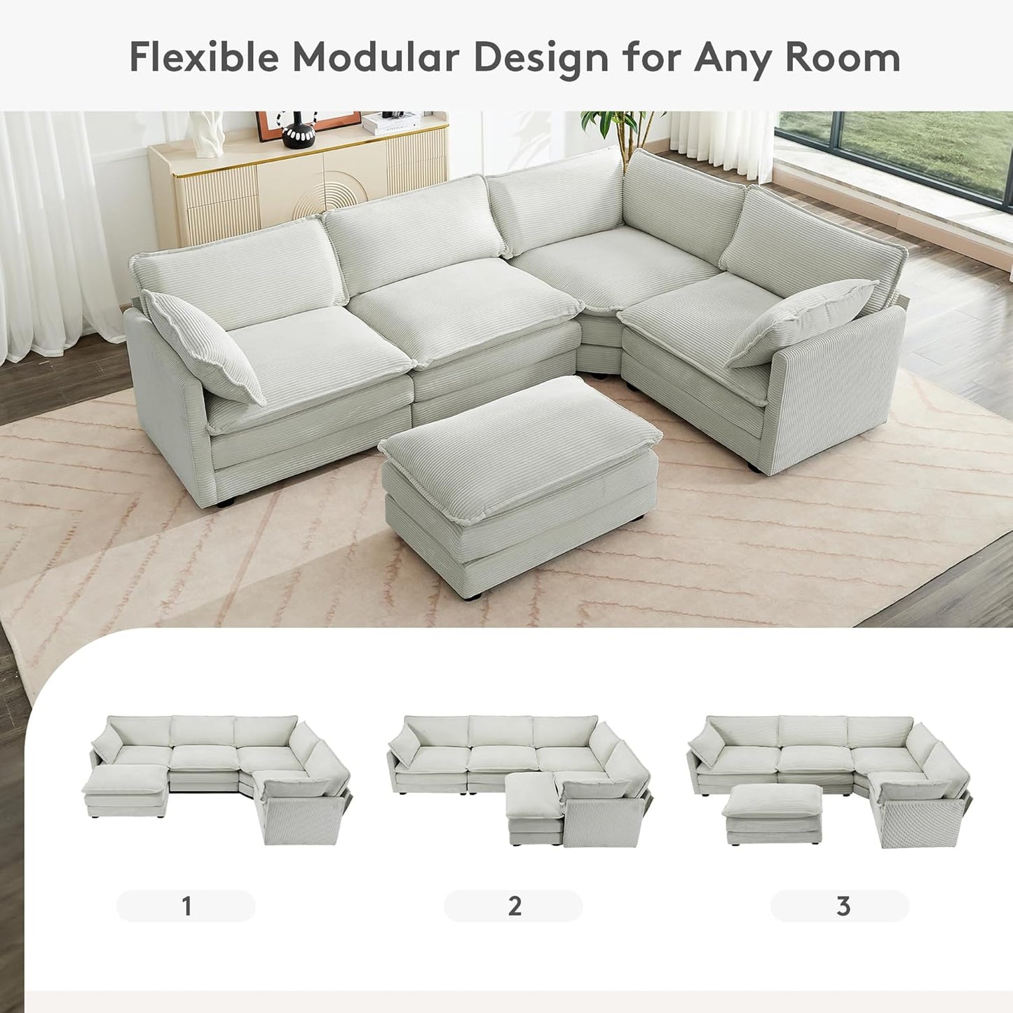 ROWHY 113'' Modular Sectional Cloud Couch, 5 Seater Corner Sofa Big Comfy Corduroy Oversized L Shaped Couch with 2 Pillows, Ottoman, Deep Seat Sectional Couches for Living Room Office, Light Grey
