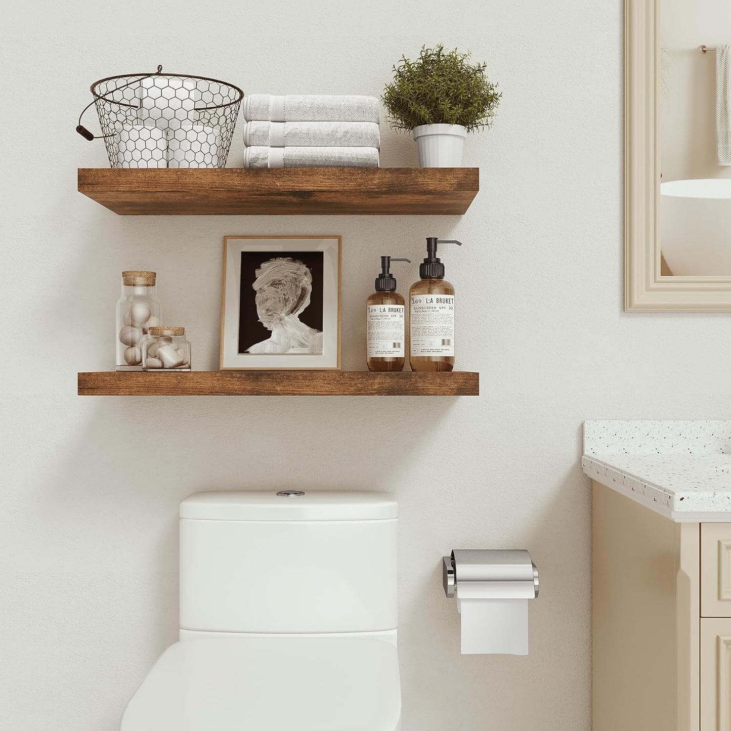 Floating Shelves for Wall 24 inchs Long, 9.1” Deep x 1.5” Thick Wall Shelves for Bedroom, Living Room, Bathroom，Kitchen, Office, Rustic Farmhouse Shelf Decor with Invisible Bracket, Set of 2