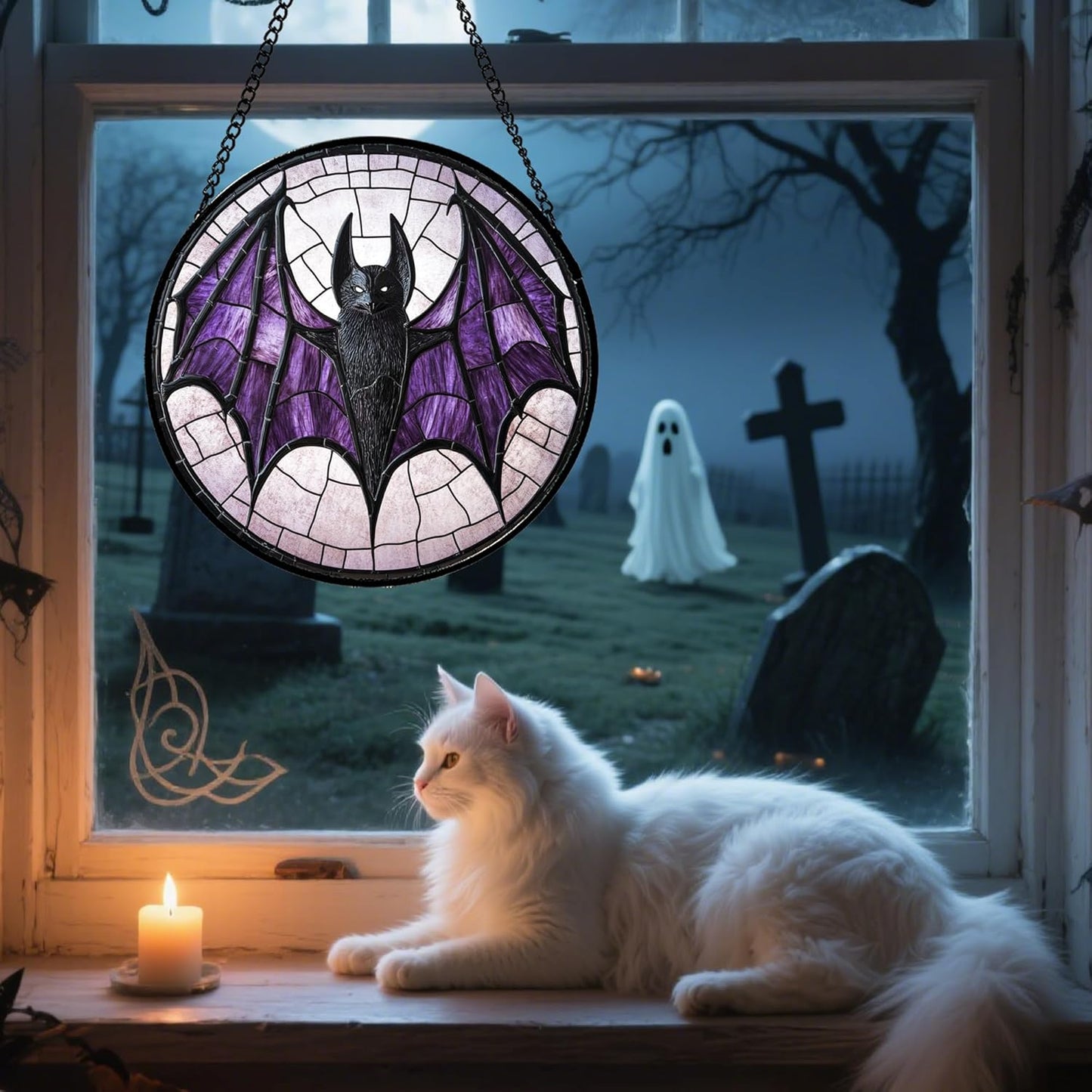 Stained Glass Window Hanging - Halloween Black Bat Purple Wings Monster Suncatcher for Doors Garden Home Spooky Sun Catchers Gothic Decor Horror Gift for Women Men Friend Boy Girl 9.8 in