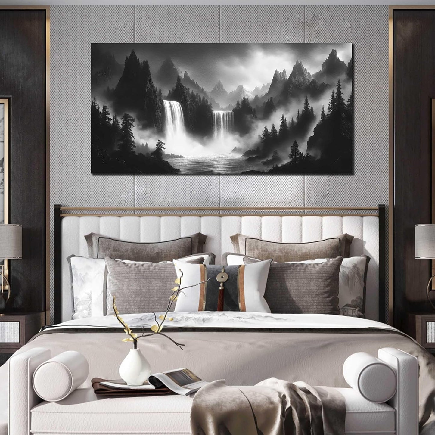 HUBOSKN Waterfall Pictures Wall Decor for Living Room - Mountain Wall Art for Office - Black and White Canvas Wall Art for Bedroom Size 24" x 48"