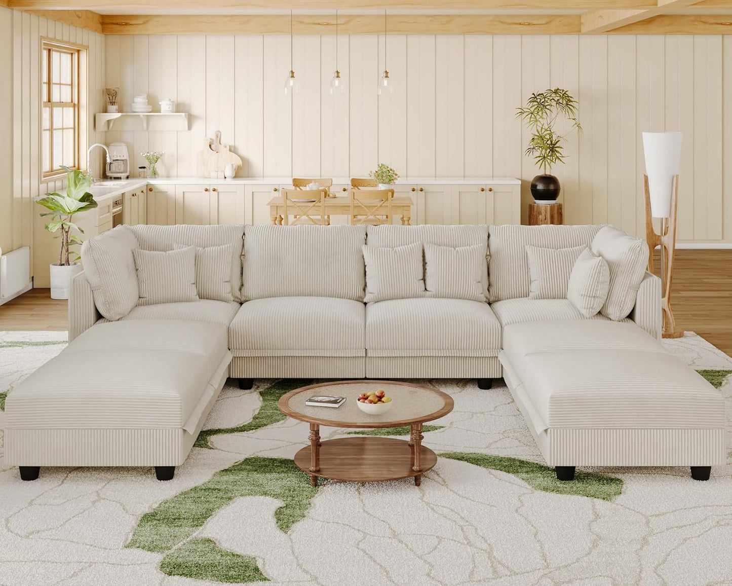 LLappuil Modular Sectional Sofa with Storage Seats, Corduroy Convertible Modular U Shaped Sectional Couch for Living Room, 8 Seat Oversized Sofa with 6 Back Cushion 6 Throw Pillow, Beige