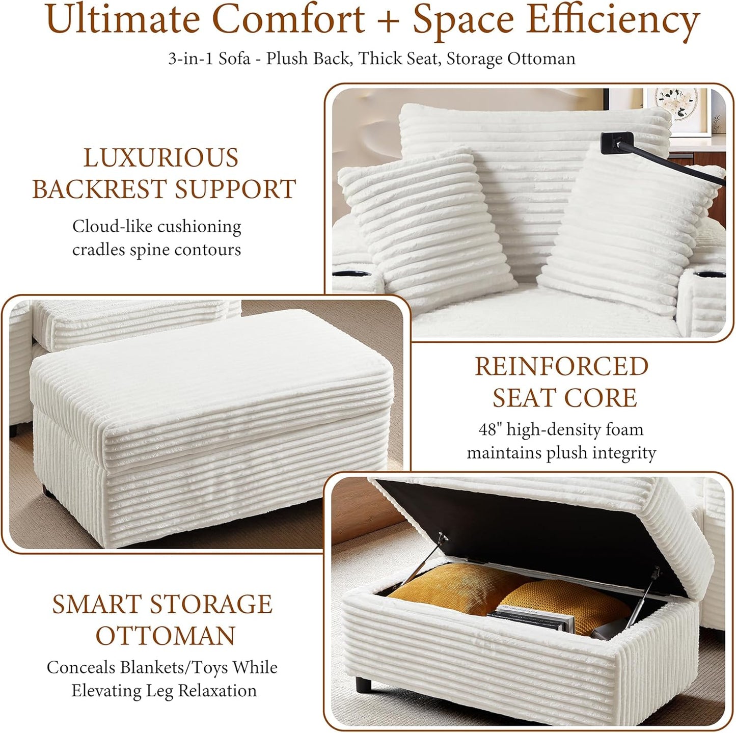 Accent Chair with Storage Ottoman Upholstered Living Room Chairs for Reading Chair with Chaise Lounge Chairs Indoor, Comfortable Armchair for Bedroom