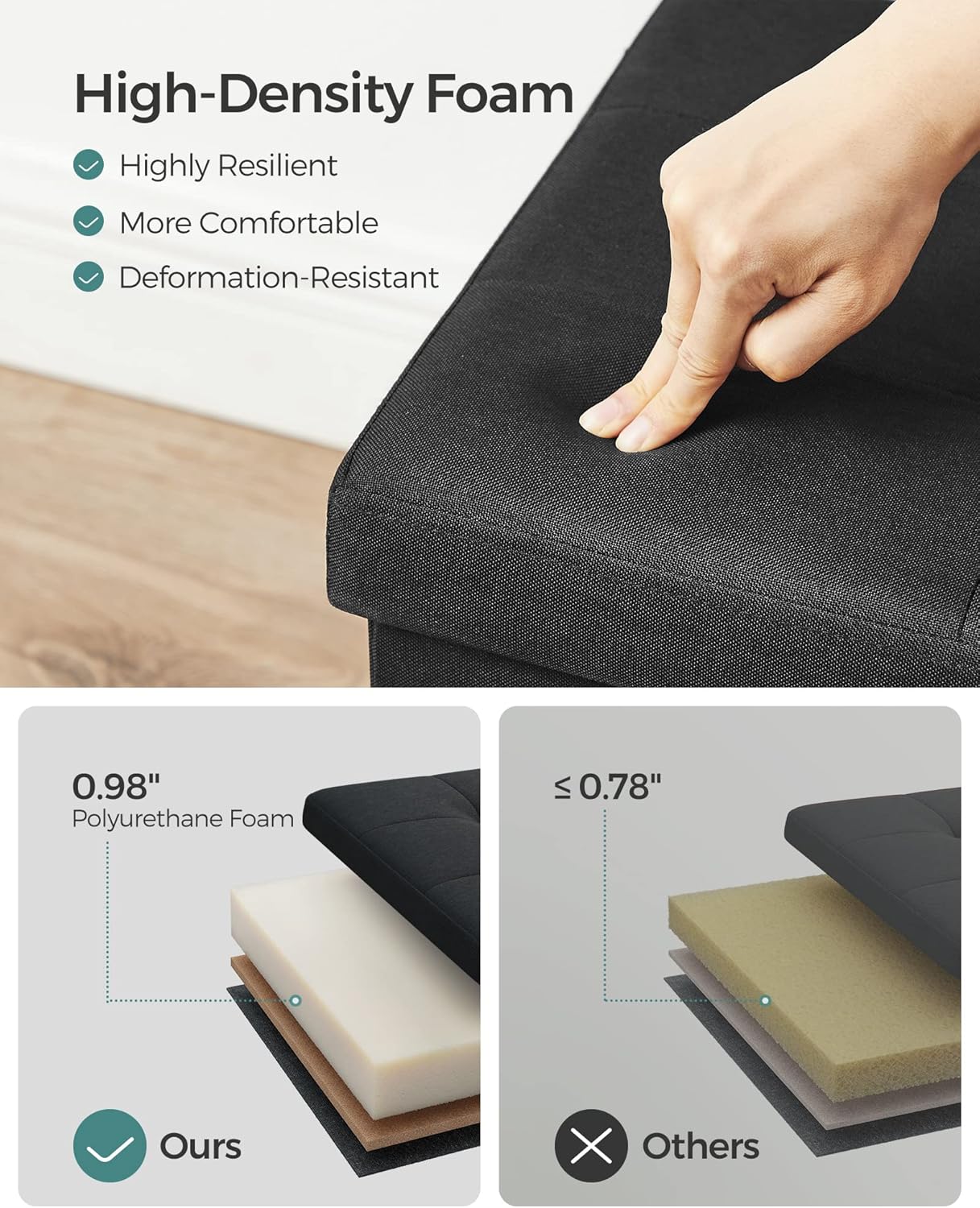 SONGMICS MAZIE Collection - 43 Inches Folding Storage Ottoman Bench, Ottoman Foot Rest, End of Bed Bench, Storage Chest, Load 660 lb, for Living Room, Bedroom, Entryway, Ink Black ULSF077B01