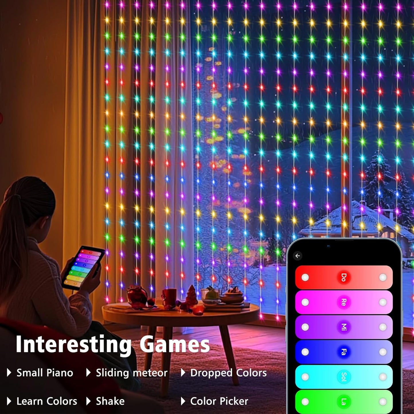 echosari Smart 600 LED Curtain Lights, 20Ft x 10Ft, Compatible with Alexa, App Control, DIY Fairy Lights, Dynamic for Backyard, Home, Wedding, Party Decor - RGB Color Changing IC