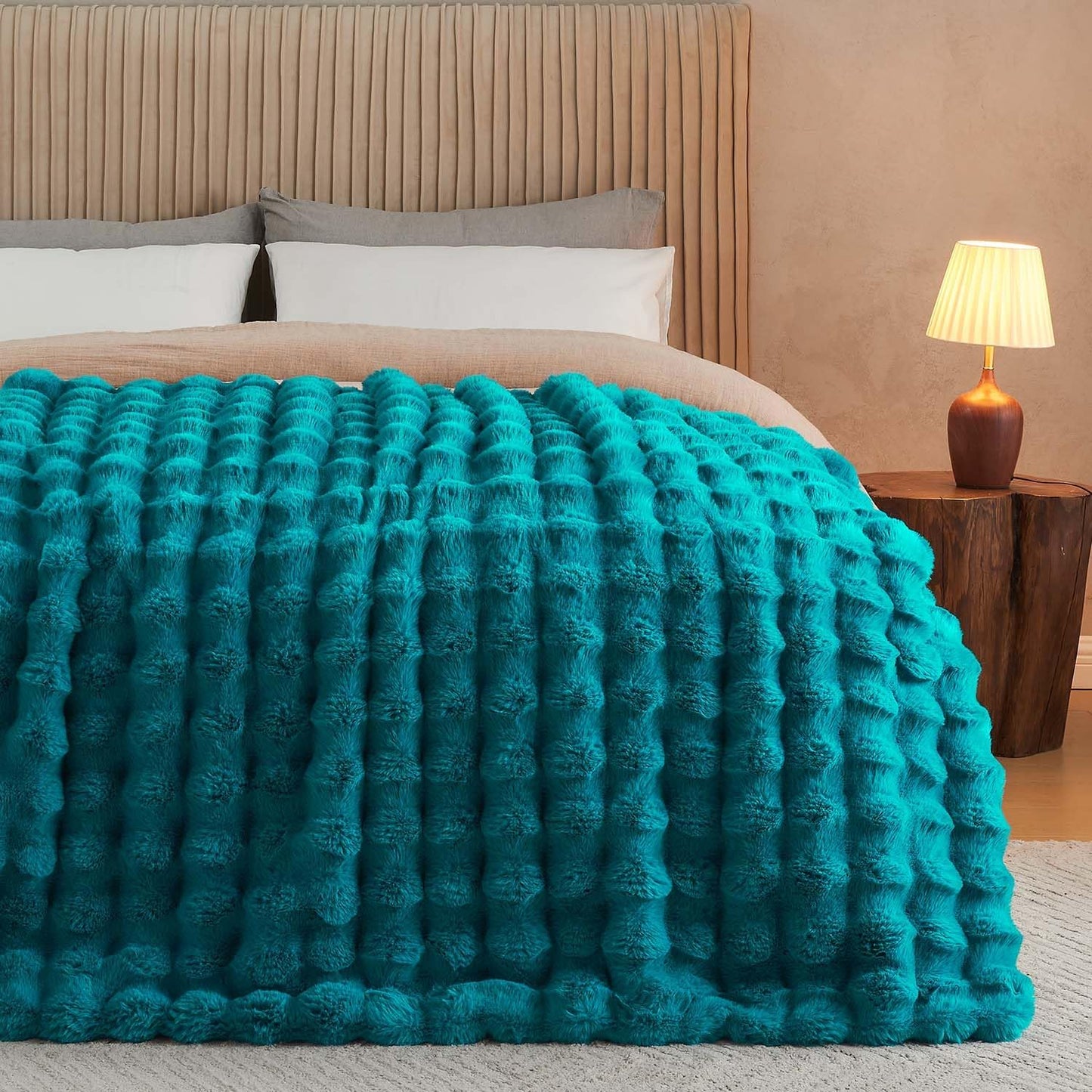 Lotus Karen Faux Fur Throw Blanket Teal - Big Bubble Rabbit Fluff Blanket for Couch Bed Sofa,Softest Fluffy Fuzzy Cozy Blanket,Thick Furry Plush Shaggy Warm Blankets for Women,60x80 Inches