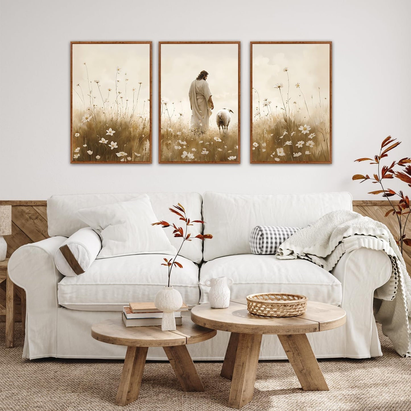 KAIRNE Jesus Framed Canvas Wall Art,Lost Sheep Wall Decor Set of 3(16”X24”),Holy Christian Art Print,Religious Scripture Pictures,Bible Renaissance Wall Painting for Living Room,Bedroom,Church Decor