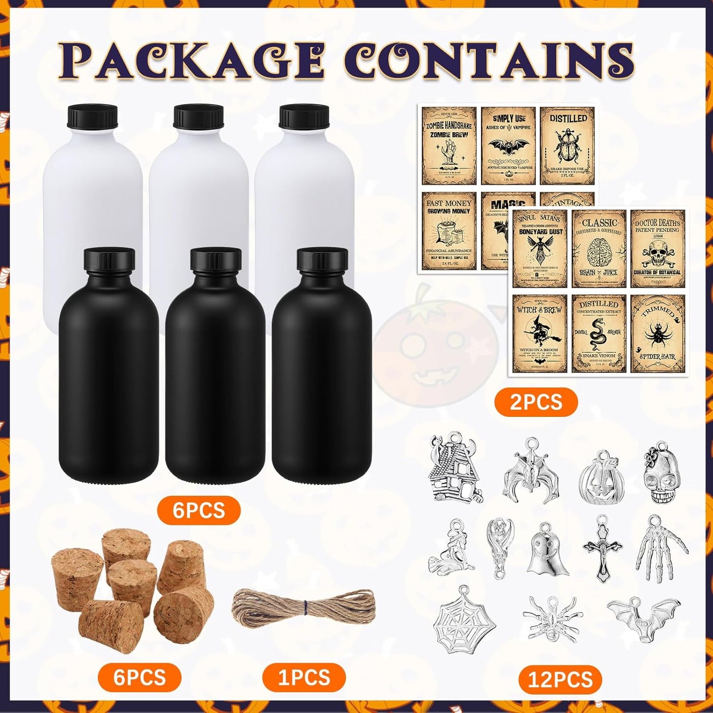 Uiifan 31 Pcs Halloween Potion Bottles Set Including Glass Apothecary Bottles with Cork Stickers and Pendants Halloween Decorations Indoor Party Supplies(White, Black,8.5 oz)