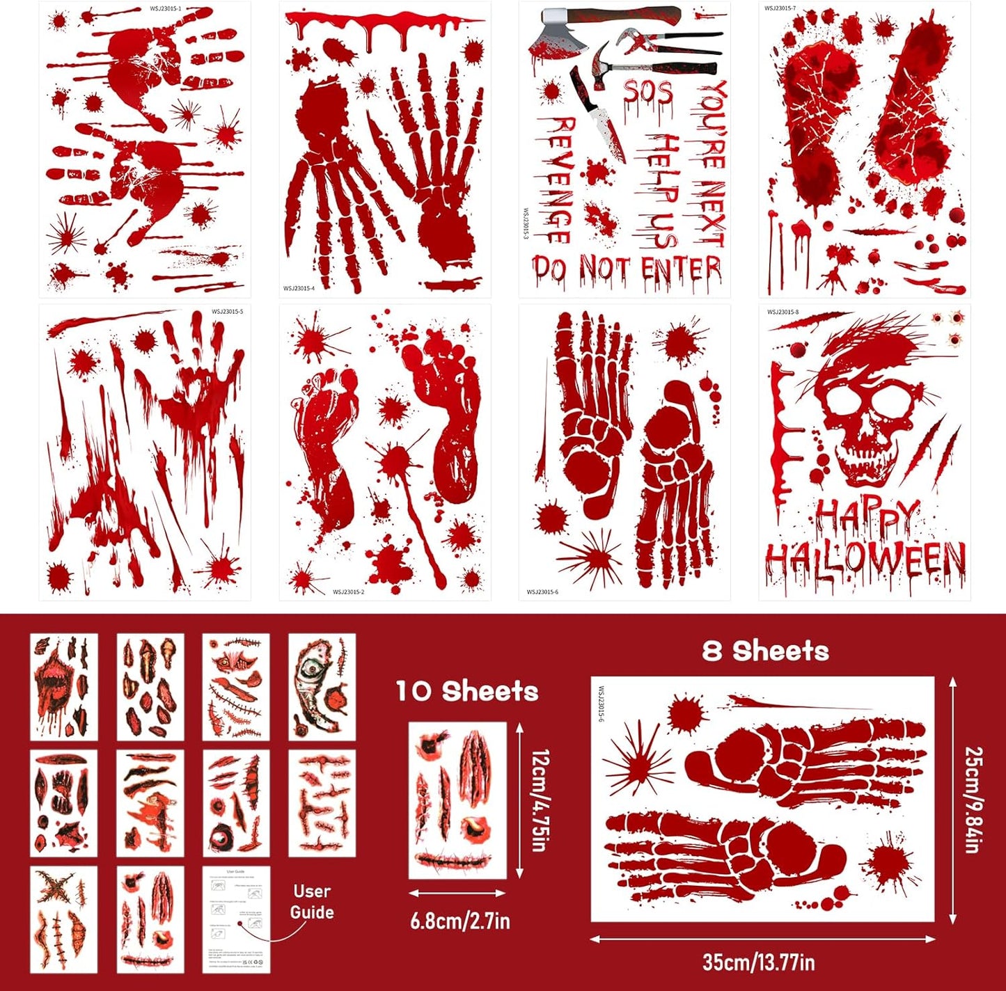 New Halloween Decorations 165 PCS, 8 Sheets Bloody Handprint Footprint Halloween Wall Decal Floor Window Stickers,10 Sheets Wound Tattoo Stickers