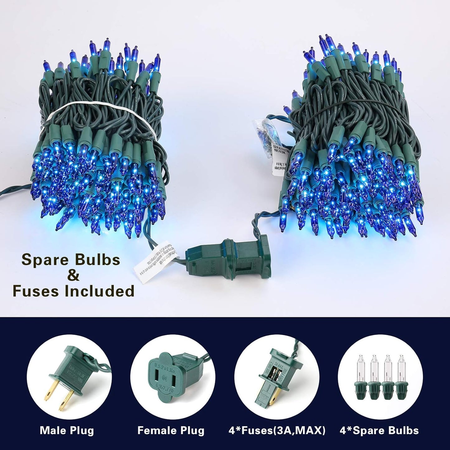 BrizLabs Blue Christmas Lights, 69.6ft 300 Count Blue String Lights Connectable, 120V UL Certified Incandescent Xmas Lights Green Cord, Outdoor Mini String Lights for Indoor Party Garden Patio Decor