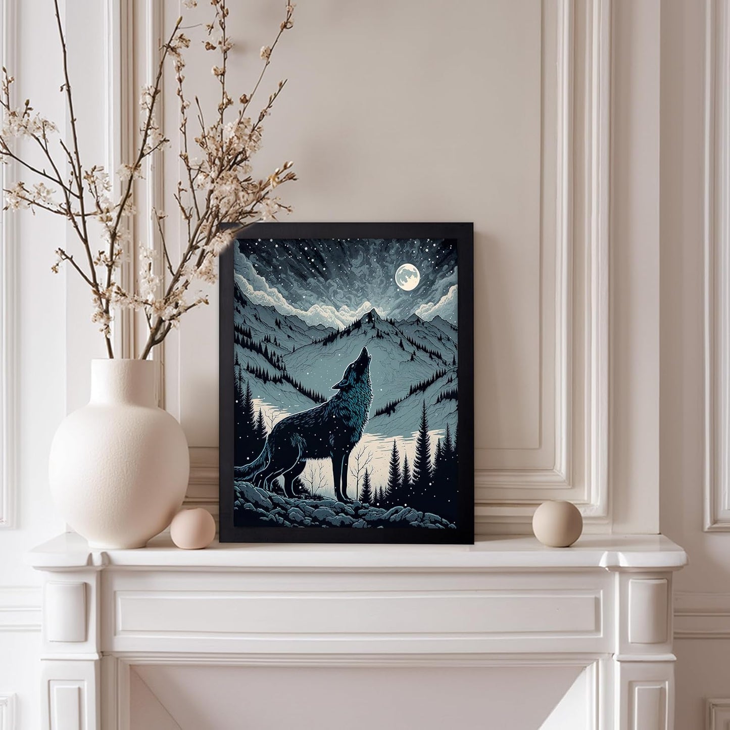 Poster Master Vintage Illustration Poster - Retro Animal Print - Gift for Artist, Friend - Wolf Howling at the Moon, Mountain, Snow, Landscape - Wall Decor for Home, Office, 8x10 Black Framed