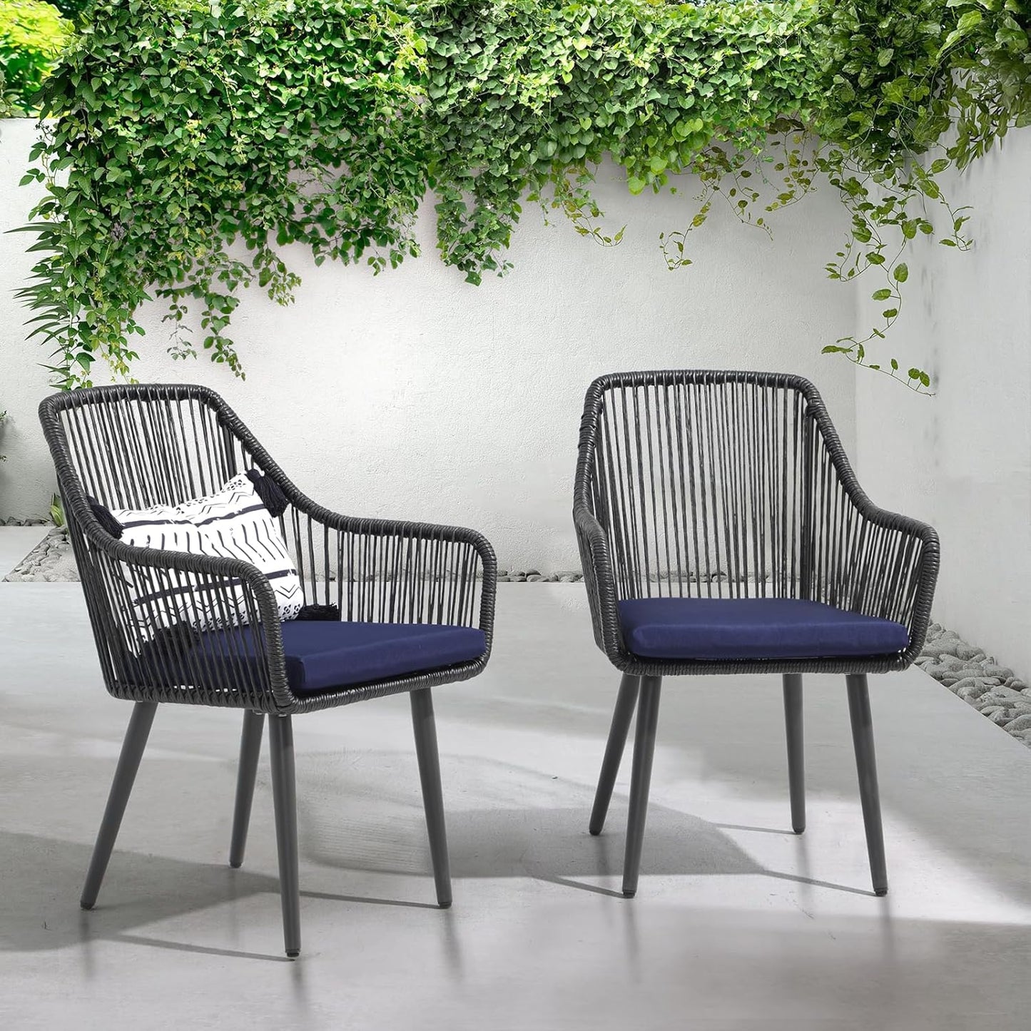 Patiorama Outdoor Dining Chairs, Patio Dining Chair Set of 4, All-Weather Woven Rope Rattan Chairs, Outdoor Dining Wicker Chair with Armrests for Indoor Balcony Pool Backyard(Blue)