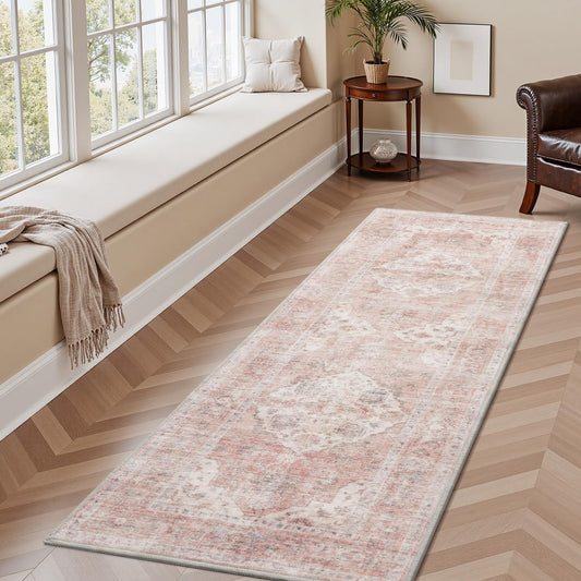 AMOAMI-2X6 Runner Rug-Washable Runners for Hallways-Soft Non Slip Bedside Rugs for Bedroom-Vintage Long Rug for Hallways Entryway Laundry Room Stair Kitchen Bathroom Pink