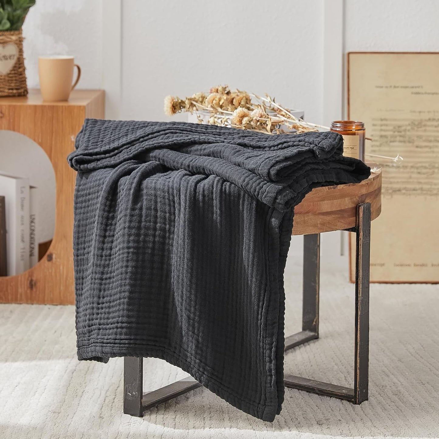 EMME Cotton Muslin Large Throw Blanket Couch Breathable Gauze Blanket Soft Lightweight Bed Blankets Adults (Black, 50"x70")