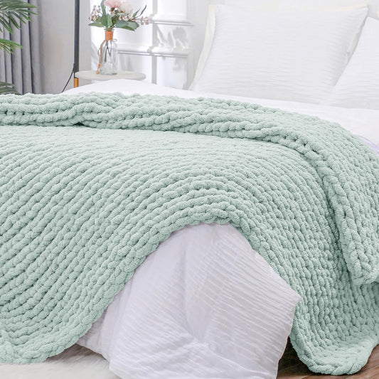Bigacogo Chunky Knit Throw Blanket for Couch, 51x63 inches, 100% Hand Knitted with Thick Jumbo Chenille Yarn, Cozy Soft Large Rope Knot Cable Crochet Blankets for Sofa Bed Living Room, Mint