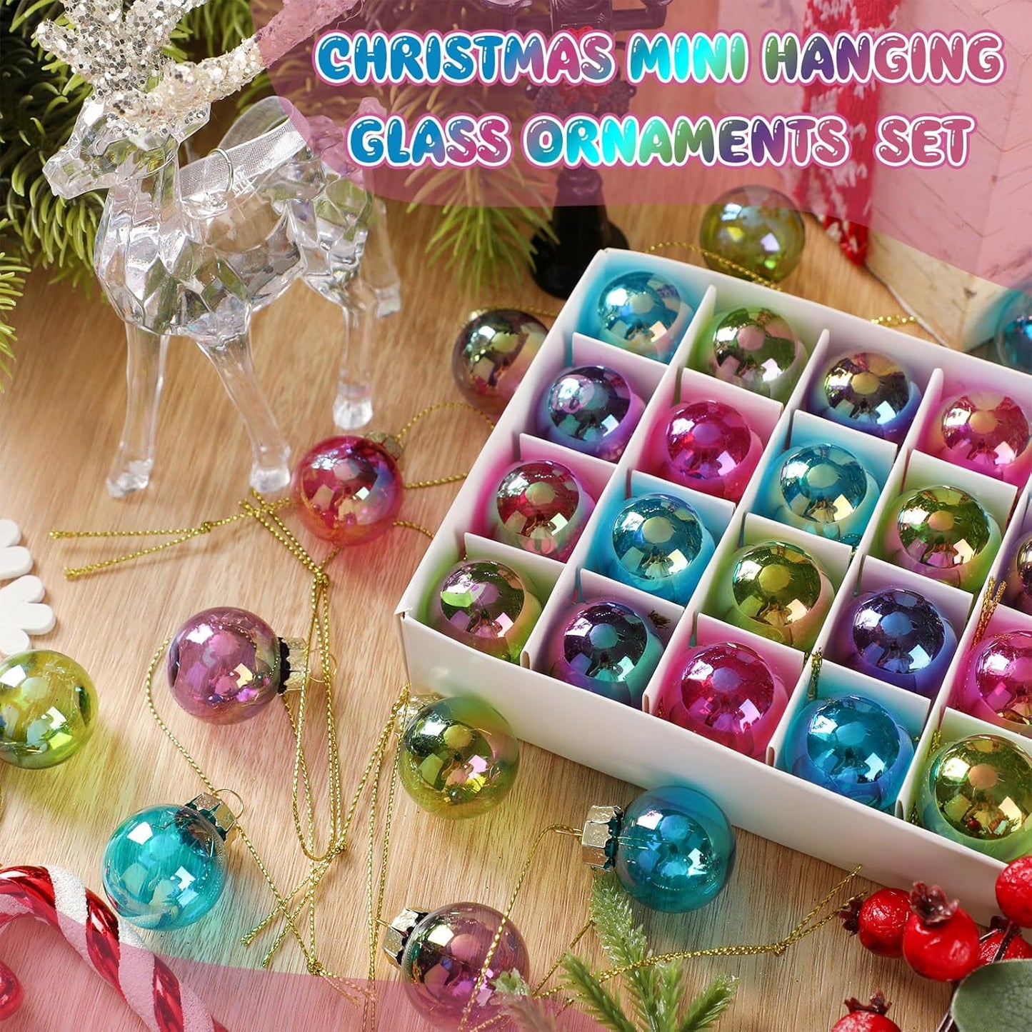 Tioncy 32 Pcs 1 Inch Mini Glass Christmas Ornaments Balls Shiny Christmas Balls Tiny Tree Hanging Decoration Small Colorful Ball Pendant for Xmas Party Supplies(Vibrant Color)