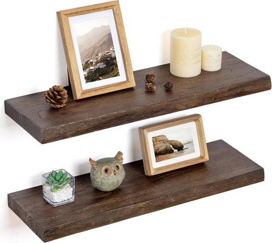 Floating Shelves for Wall Decor, Rustic Solid Elm Wood Floating Shelves Wall Mounted, Wall Shelves with Invisible Bracket for Living Room Bathroom Bedroom Kitchen, 24 Inch Set of 2, Walnut