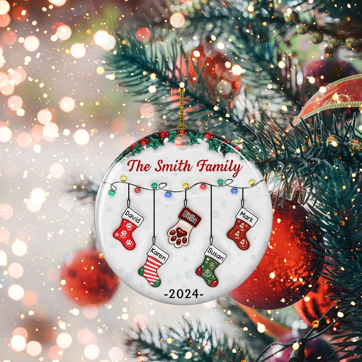 Stocking Personalized Family Christmas Ceramic Ornament 2025-3D Inflated Effect Custom Name Hanging Stock up to 10 Members, First Xmas as A Family Ornament Gifts (A04, 10 Names)