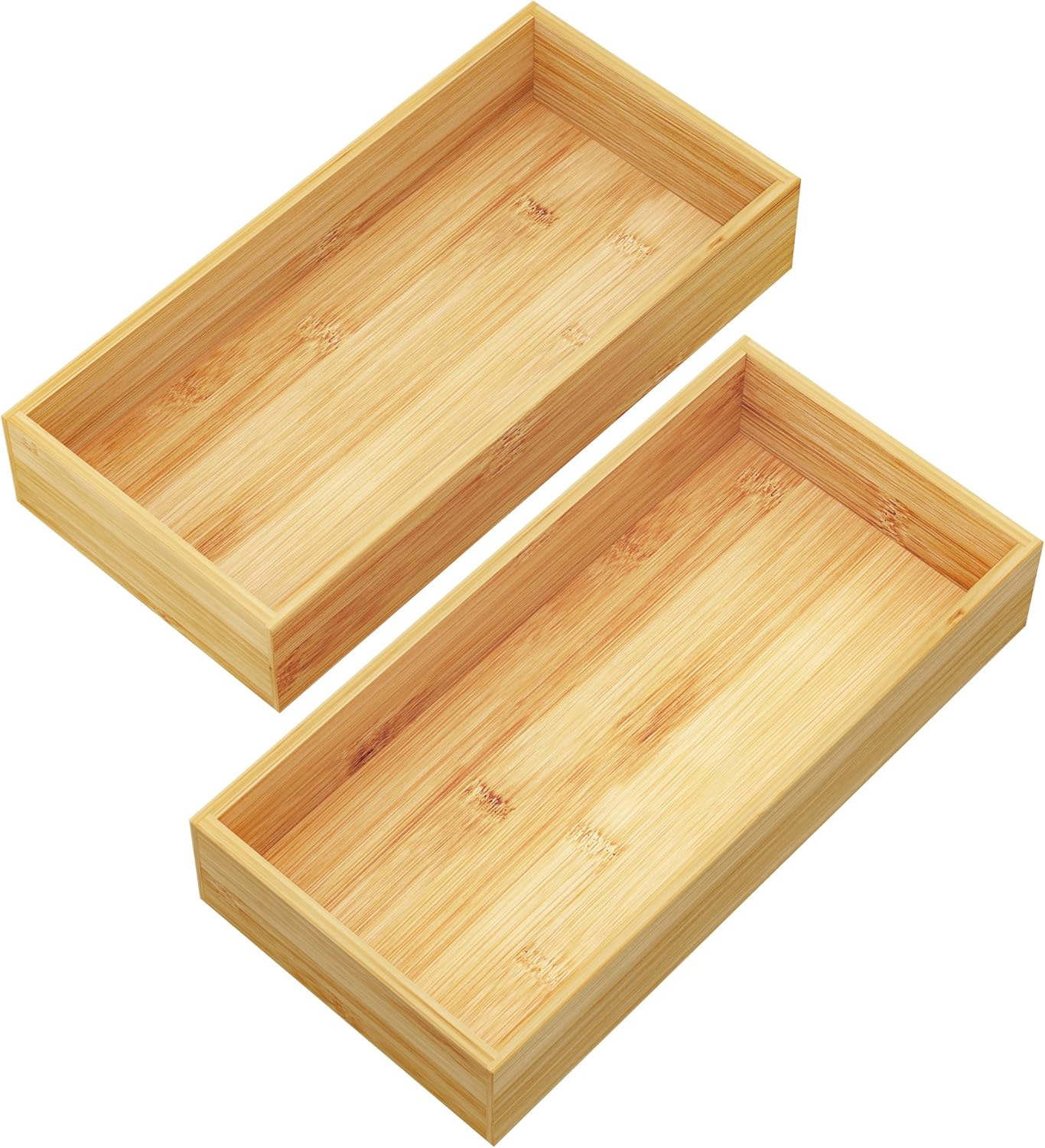 BAMEOS Deep Utensil Drawer Organizer, Bamboo Silverware Organizer for Kitchen Drawer Storage Flatware Junk Cutlery Jewelry 14"x 6.8" Set of 2 (Natural)