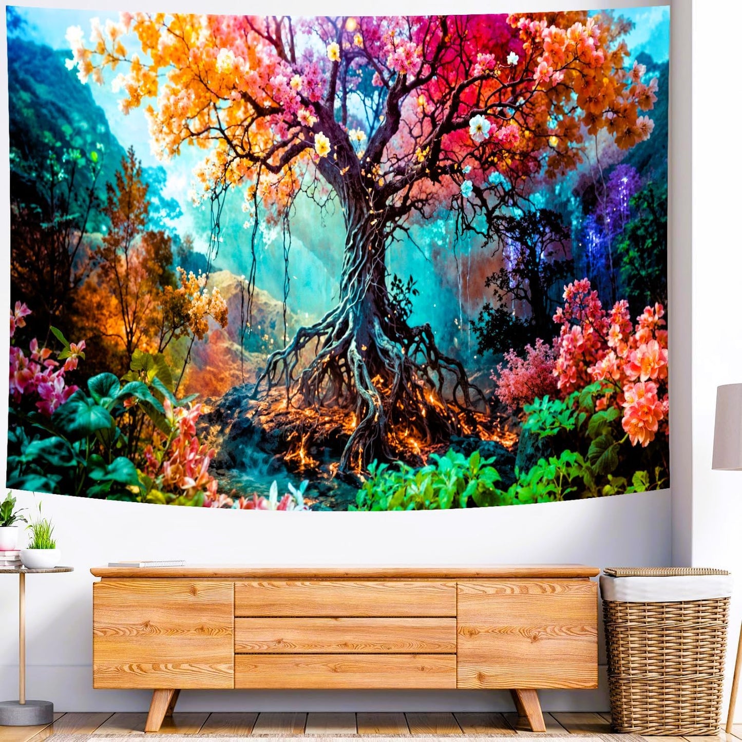 Delur Forest Tapestry Tree of Life Fantasy Tropical Rainforest Tapestry Wall Hanging Colorful Nature Mystical Landscape Psychedelic Spiritual Headboard for Bedroom Living Room Home Decor (59.1" x 78.7")