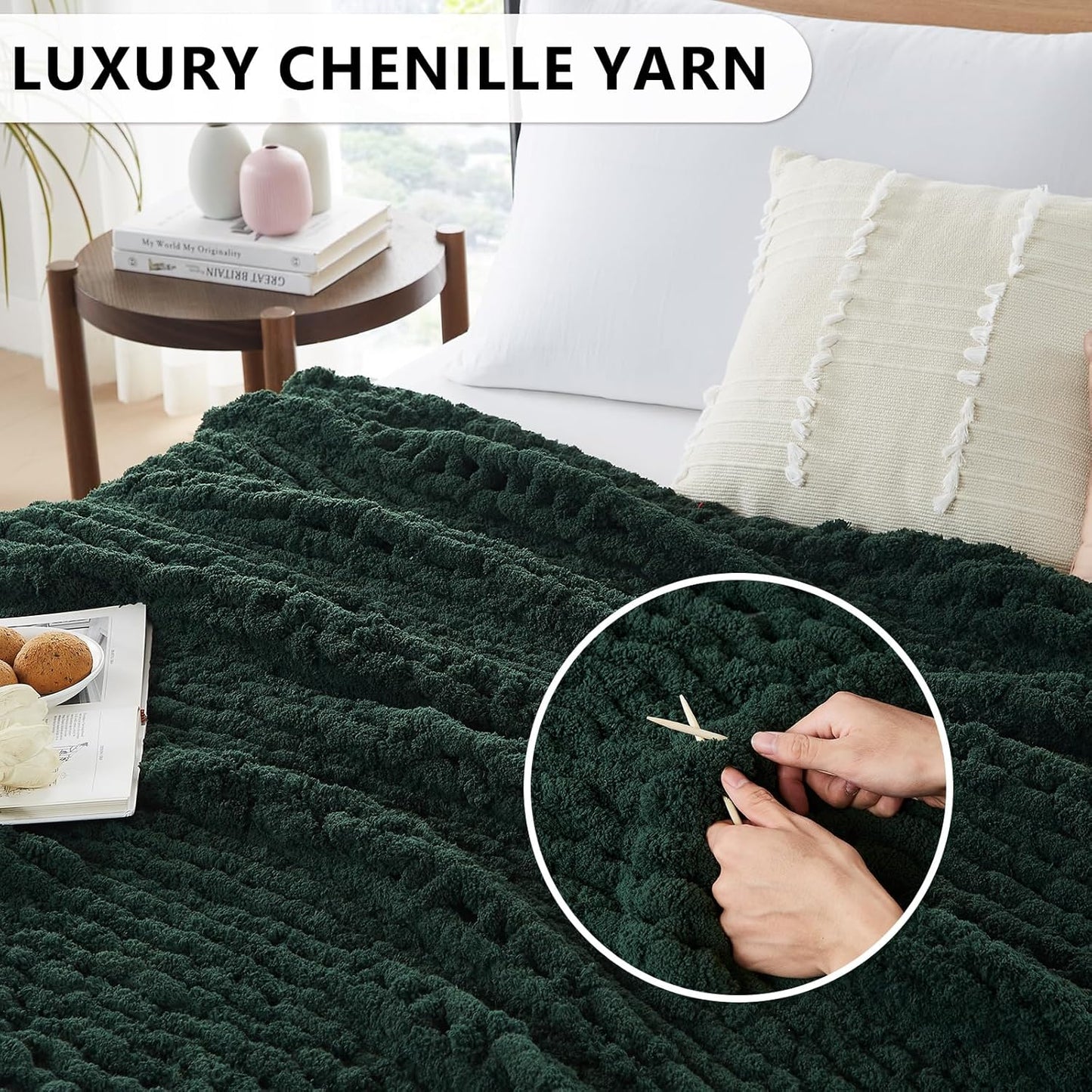 L'AGRATY Chunky Knit Blanket Throw - Soft Chunky Throw Blanket 60x80: 100% Hand Kintted Chenile Crochet Throw Blanket for Couch - Large Cable Knit Chunky Blanket for Home Decor(Olive Green)