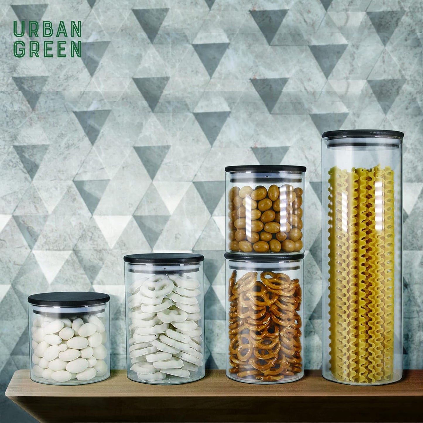 Urban Green Glass Jars with Airtight Black Lids, Food Storage Container with Airtight Lids, Glass Canisters Sets, Kitchen Food Storage Containers (6 Sets of 20oz)