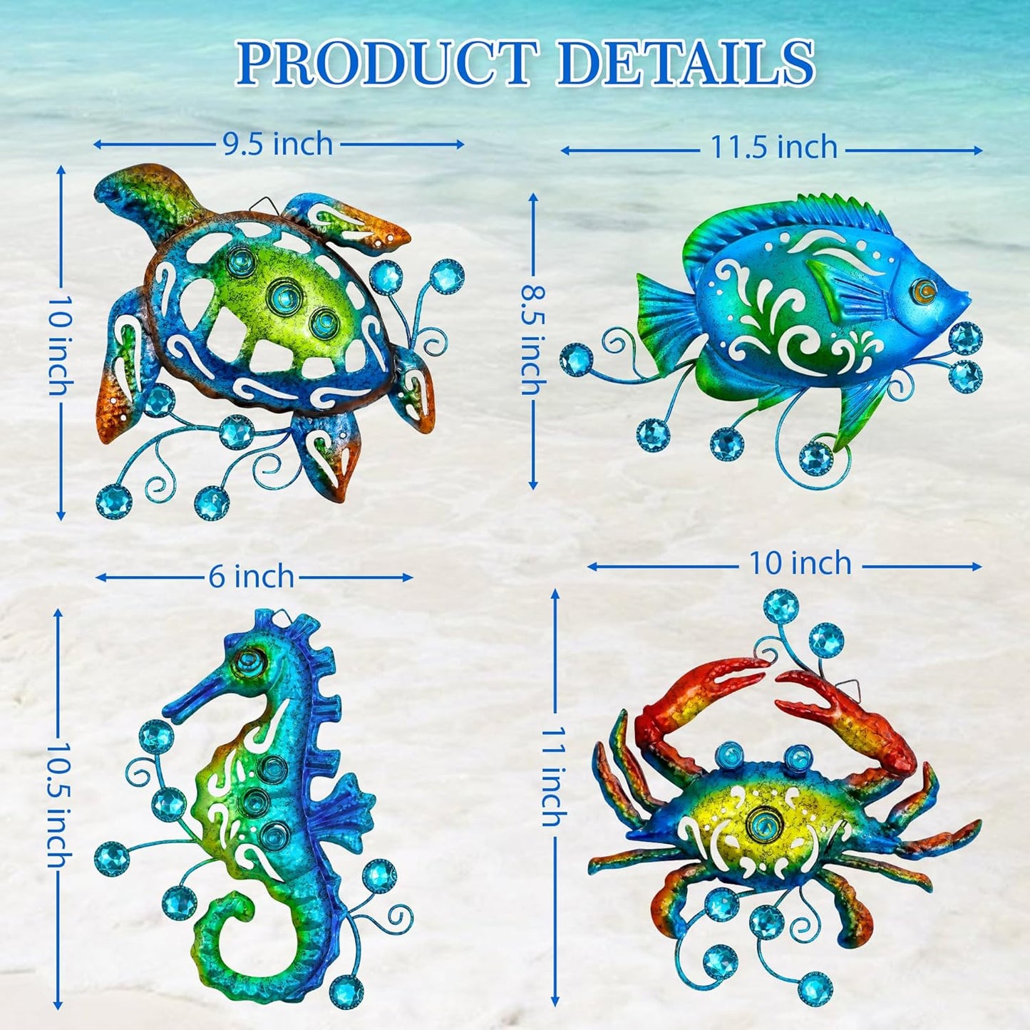 Metal Ocean Beach Theme Wall Decor Art, Set of 4 Sea Turtle Seahorse Crab Tropical Fish Indoor Bathroom Décor, 11 Inch Deep Blue Sea Wall Christmas Decoration, Metal Outdoor Yard Art Decorations