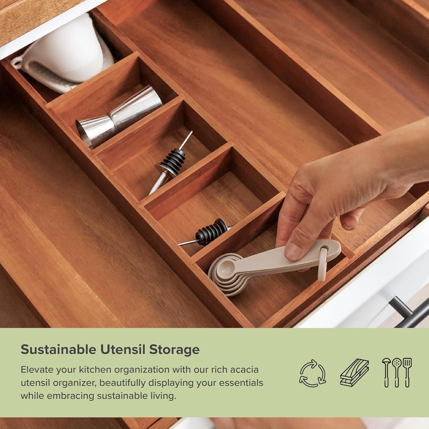 Adjustable Kitchen Drawer Organizer for Utensils and Junk, Food-Safe Contract Grade with 100% Sustainable Wood, Non-Slip, Expandable from 16" to 28" Wide - Natural Acacia