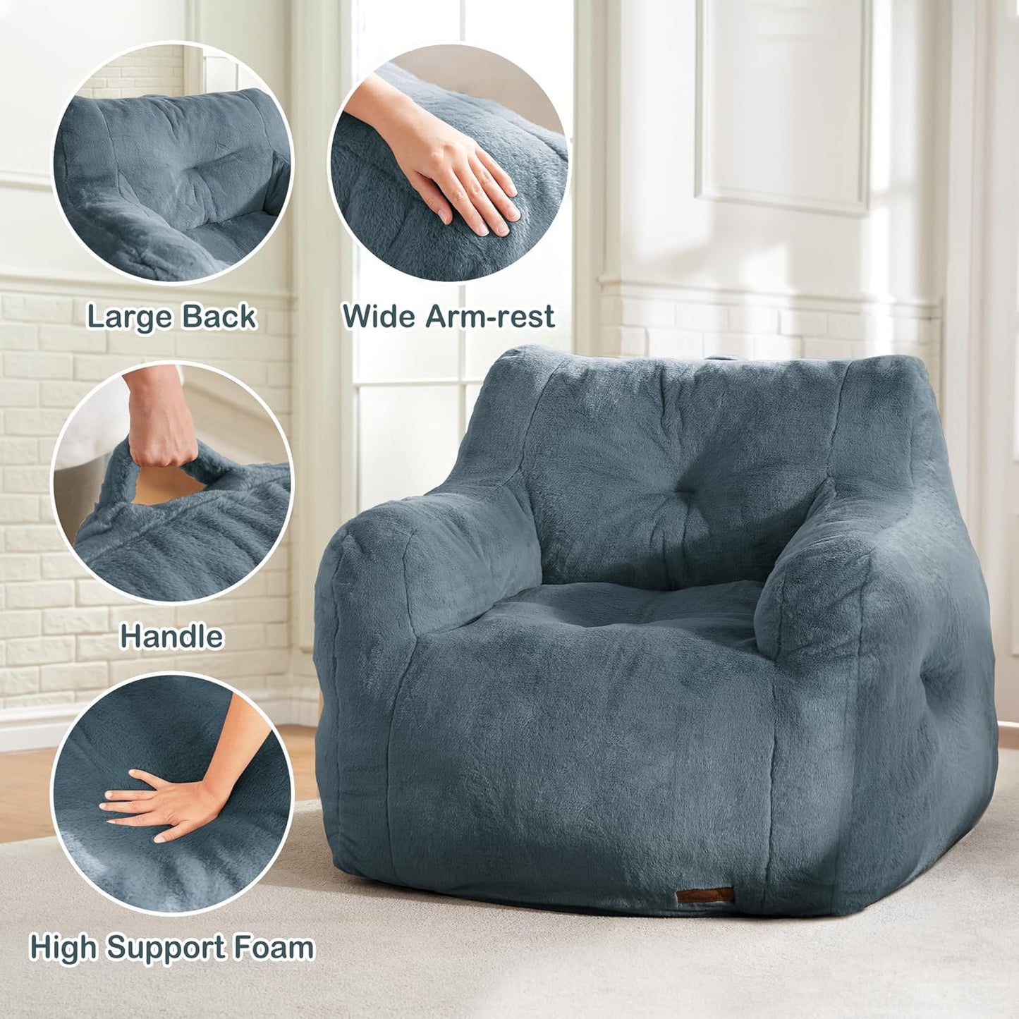 Hobestluk Bean Bag Chair for Adult Small Bean Bag Chairs with Arms Furry Beanbag Chair with Foam Filler Stuffed Bean Bag Sofa for Reading in Bedroom Living Room and Dorms (Blue Grey)