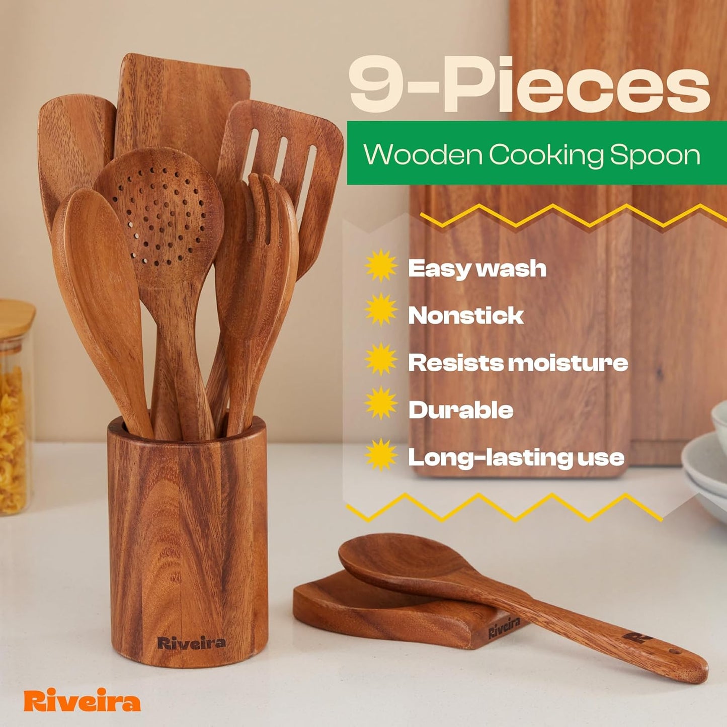 Riveira Walnut Wooden Spoons for Cooking Set of 9 – Natural Walnut Wooden Cooking Utensils, Wooden Spatula, Wooden Spoon - Premium Quality Wooden Utensil Set for Non-Toxic Cooking