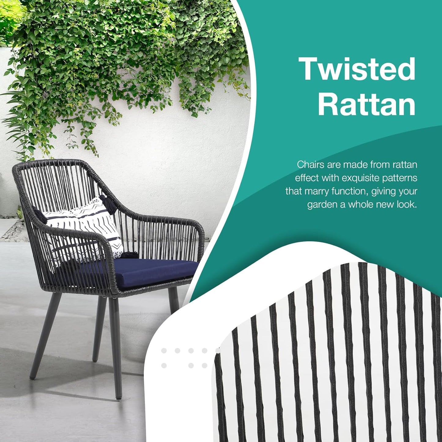 Patiorama Outdoor Dining Chairs, Patio Dining Chair Set of 6, All-Weather Woven Rope Rattan Chairs, Outdoor Dining Wicker Chair with Armrests for Indoor Balcony Pool Backyard(Blue)