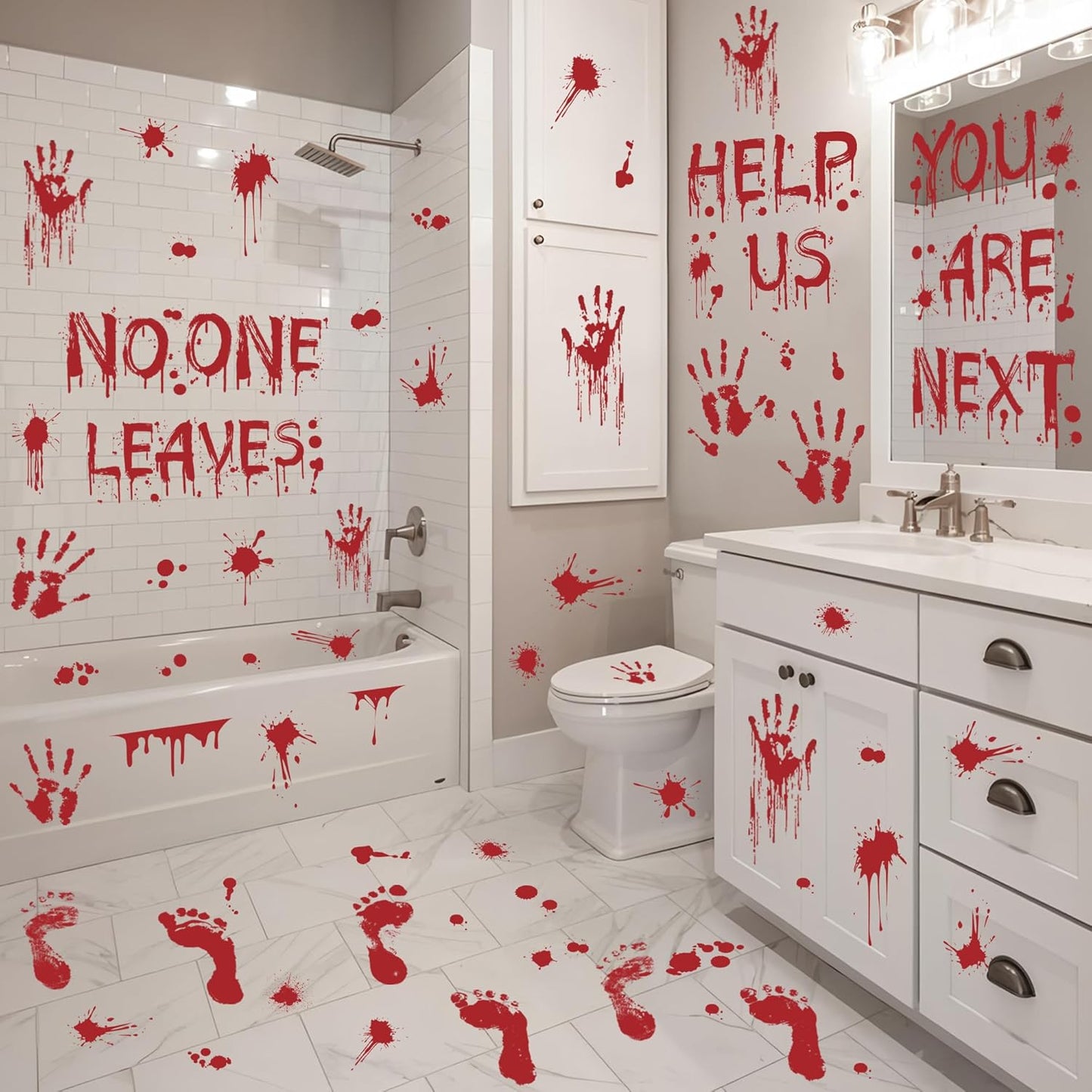 8 Sheets Halloween Bloody Handprint Footprint Floor Stickers Scary Halloween Decorations Self Adhesive Bloody Wall Decal Windows Cling Stickers for Window Floor Glass Bathroom Car Indoor Outdoor Party