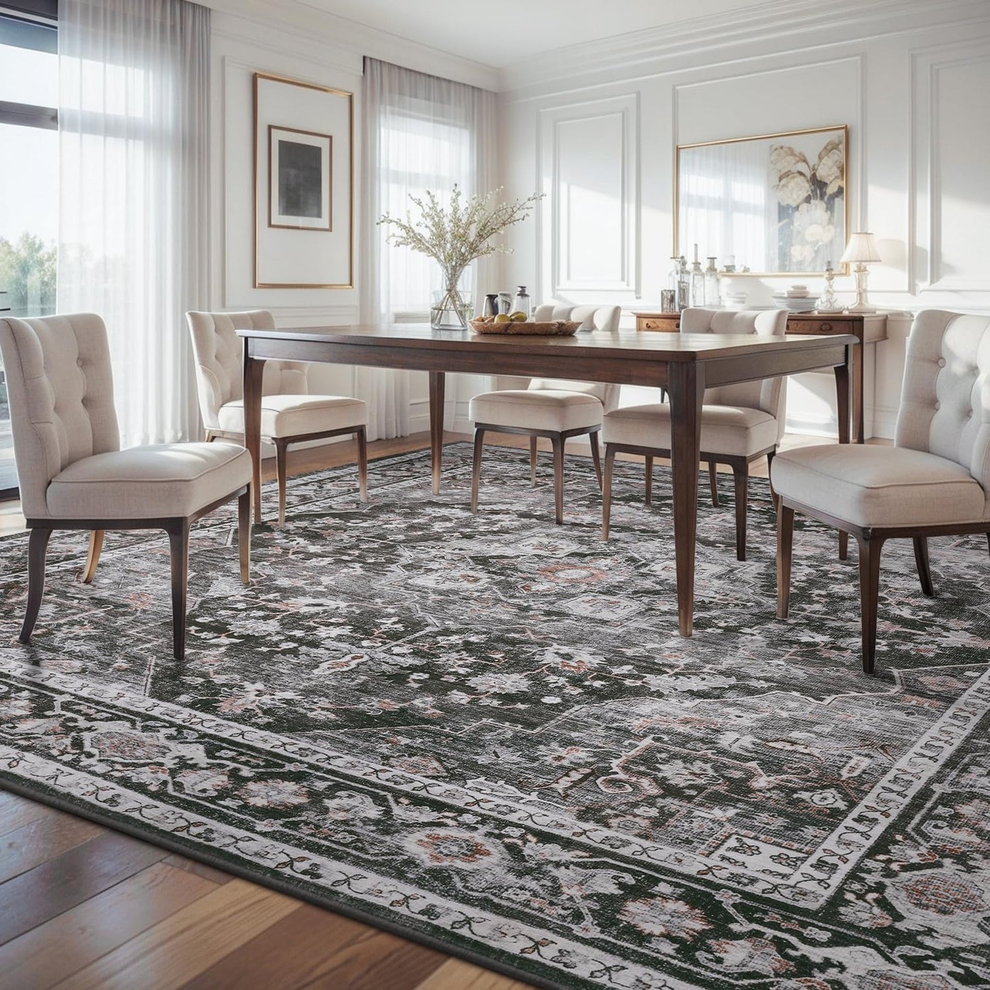 AMOAMI-Area Rug 9X12 Rugs for Living Room-Vintage Soft Black Rugs for Bedroom-Non Slip Carpet-Washable Rug for Dining Room Living Room Bedroom Office Under Table,Dark Grey & Black