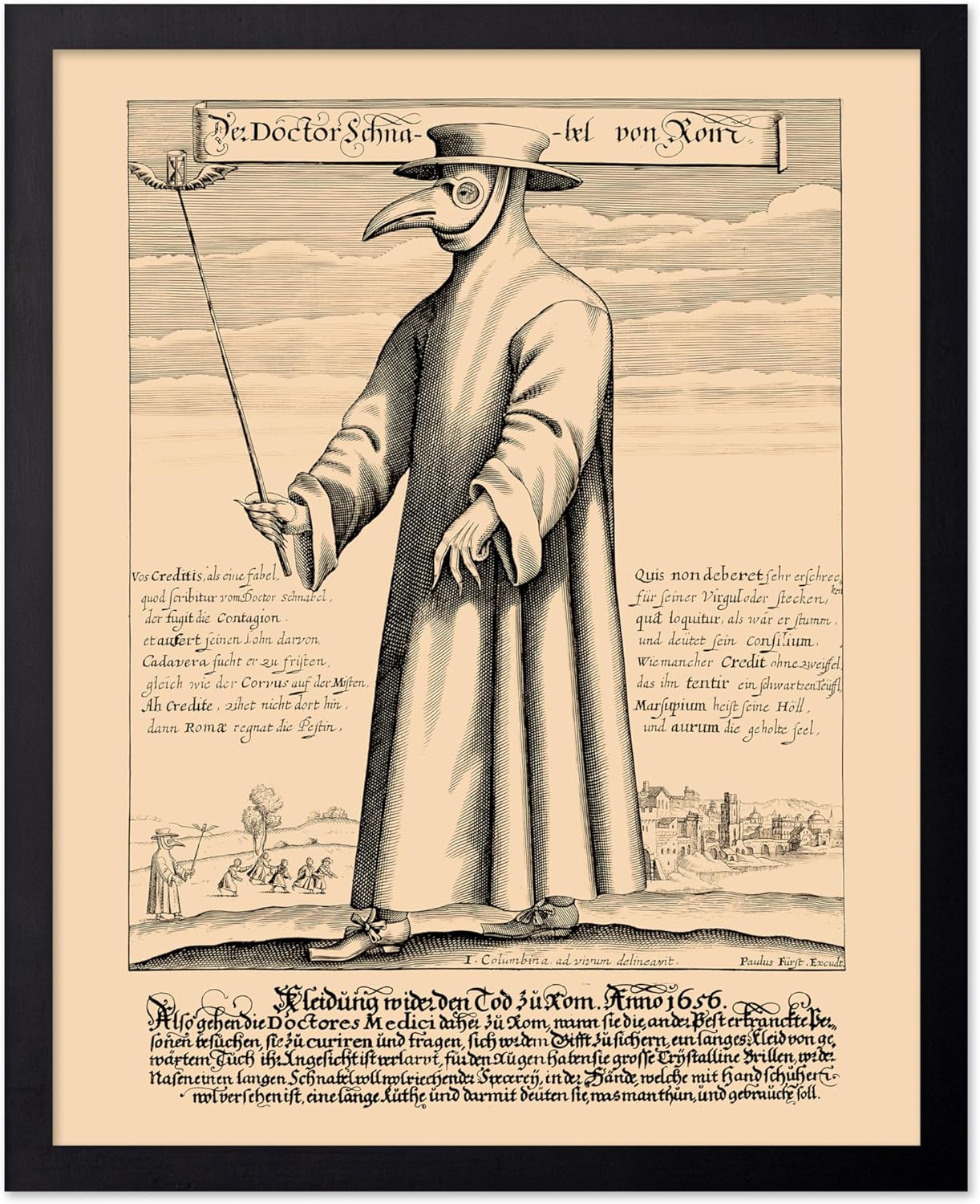 Poster Master Vintage Medieval Poster - Retro Illustration Print - Gift for Friend - Plague Doctor, Pandemic Mask, Physician, Black Death - Wall Decor for Home, Living Room, 11x14 Black Framed