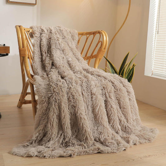 XeGe Luxury Faux Fur Throw, Soft 50x60 Fluffy Blanket, Shaggy Plush Decorative Couch Blanket, Winter Fall Cute Fuzzy Furry Lap Throw for Office Bedroom Living Room Khaki
