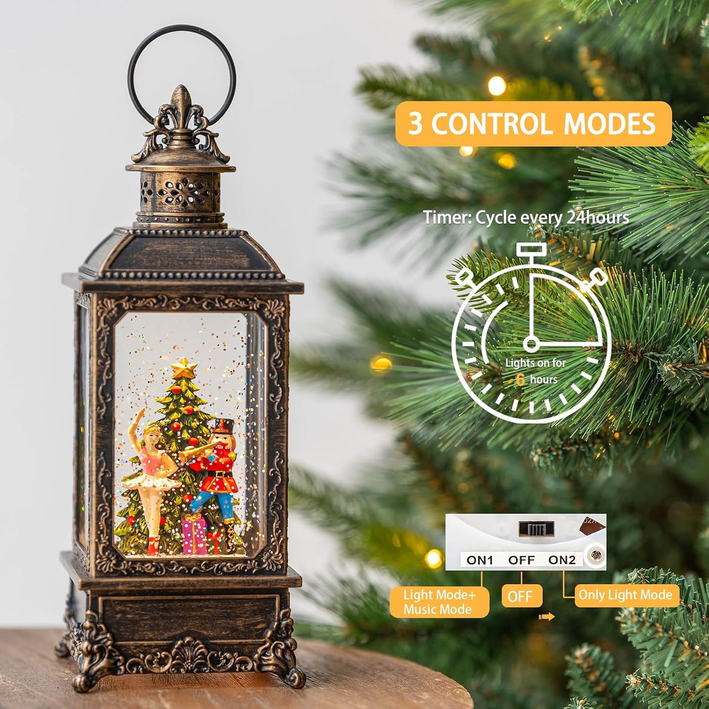 Christmas Snow Globe Lantern Water Glittering Nutcracker Ballerina with Music & Timer, USB Lined/Battery Operated Lighted Lantern for Christmas Festival Decoration Gifts