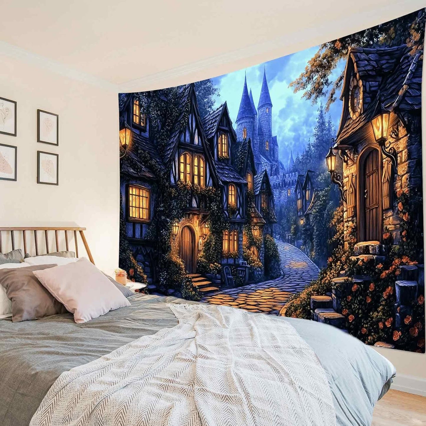 LB Vintage Castle Tapestry, Night Street Old House and Green Tree Wall Tapestry for Bedroom Aesthetic, Village Gothic Wall Art for Living Room Dorm Home Decor Ready to Hanging, 48 x 36 Inches