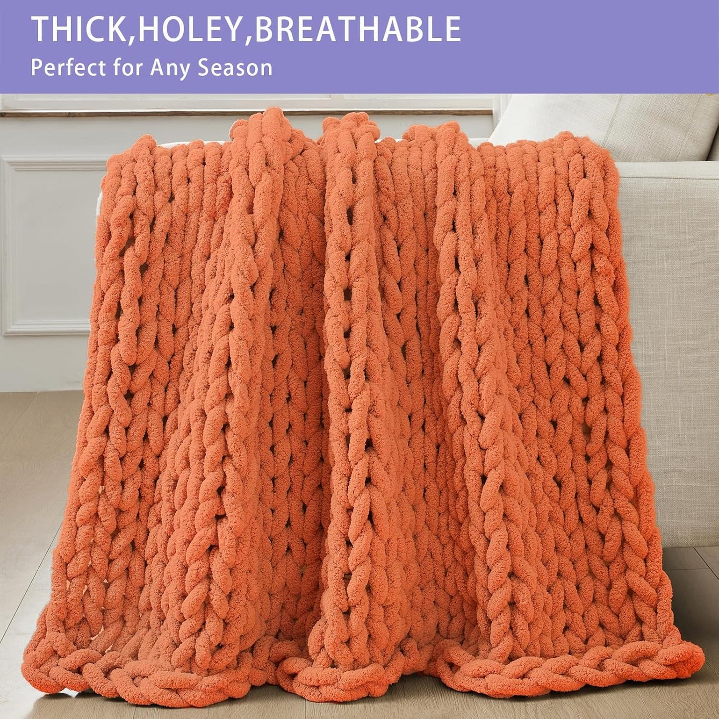 Bigacogo Chunky Knit Throw Blanket for Couch, 40x40 inches, 100% Hand Knitted with Thick Jumbo Chenille Yarn, Cozy Soft Large Rope Knot Cable Crochet Blankets for Sofa Bed Living Room, Terracotta
