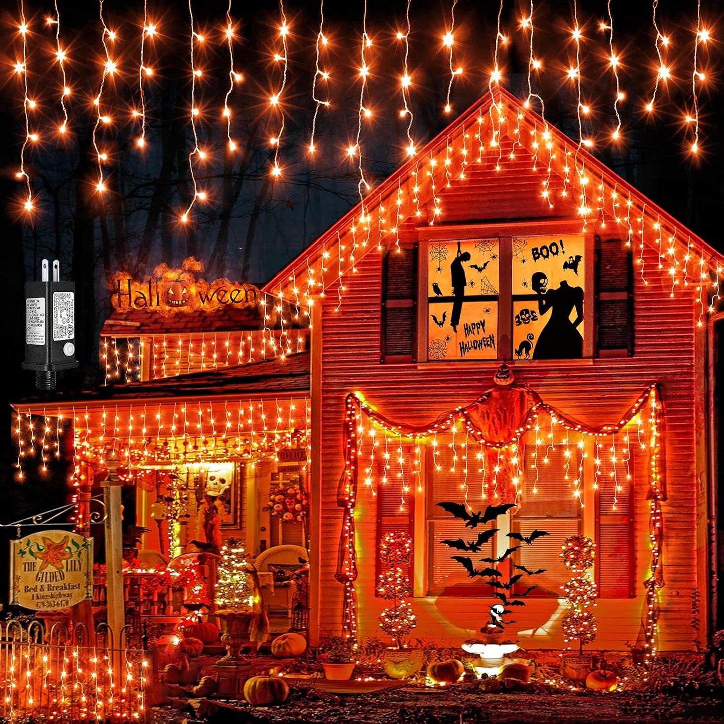 Orange Halloween Lights 33ft 400 LED Icicle Lights for Outside 8 Modes with 75 Drops, Waterproof Icicle Light Plug in for Indoor House Party Holiday Decorations