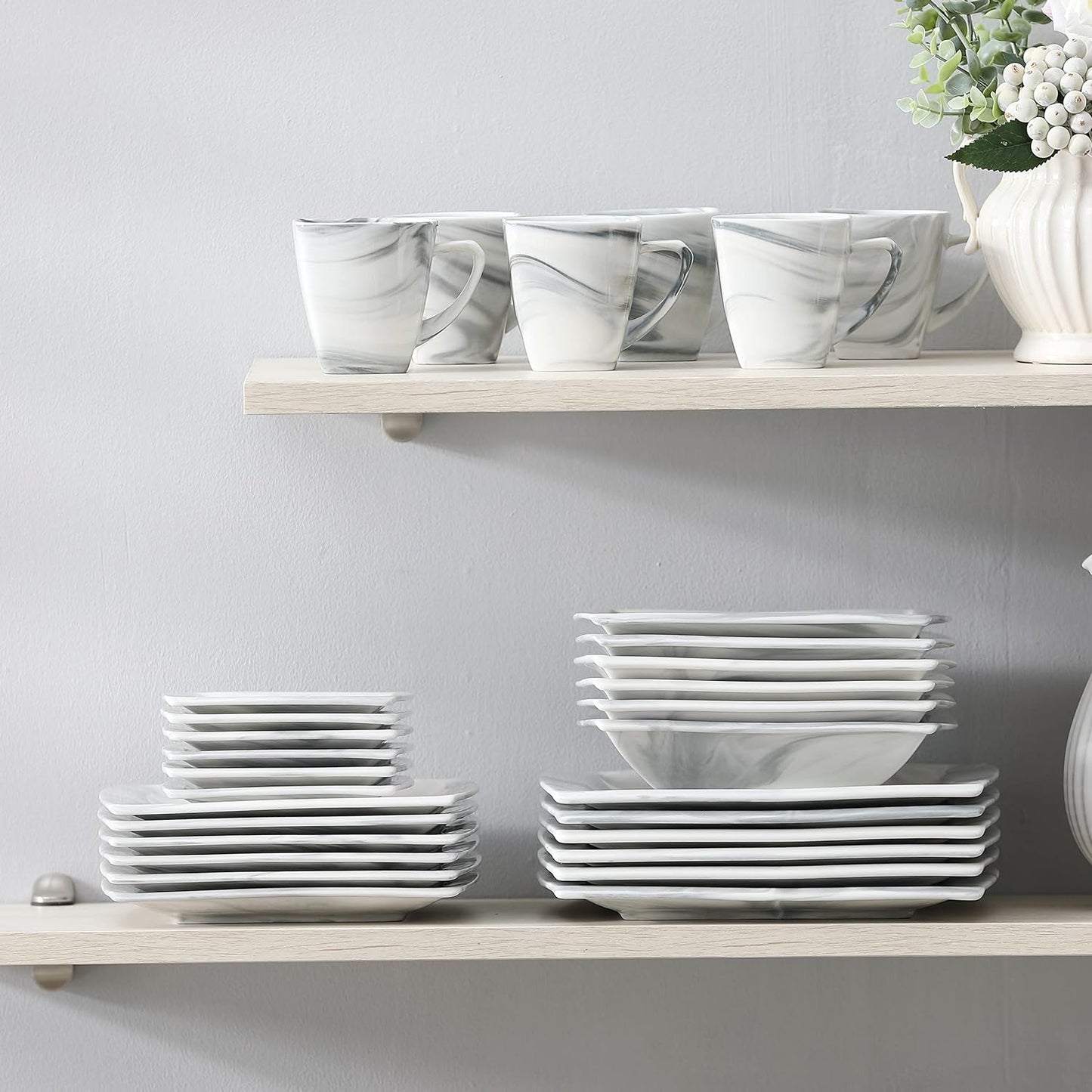 MALACASA Dinnerware Sets, 30 Piece Porcelain Plates and Bowls Sets for 6, Square Dish Set with Dinner Plates Set, Cup and Saucer, Modern Dishware Dishes Microwave Safe, Marble Grey, Series Blance