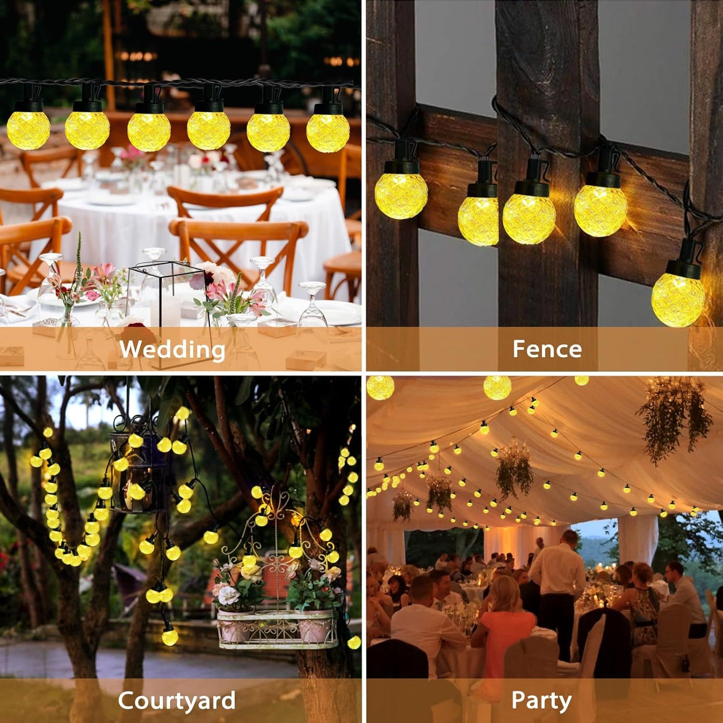 Solar LED String Lights for Outside,39.4FT 8Modes Crystal Globe Fairy String Lights Waterproof USB Plug for Garden Patio Christmas Tree Fence Indoor&Outdoor Party Decor(Pineapple Warm White)