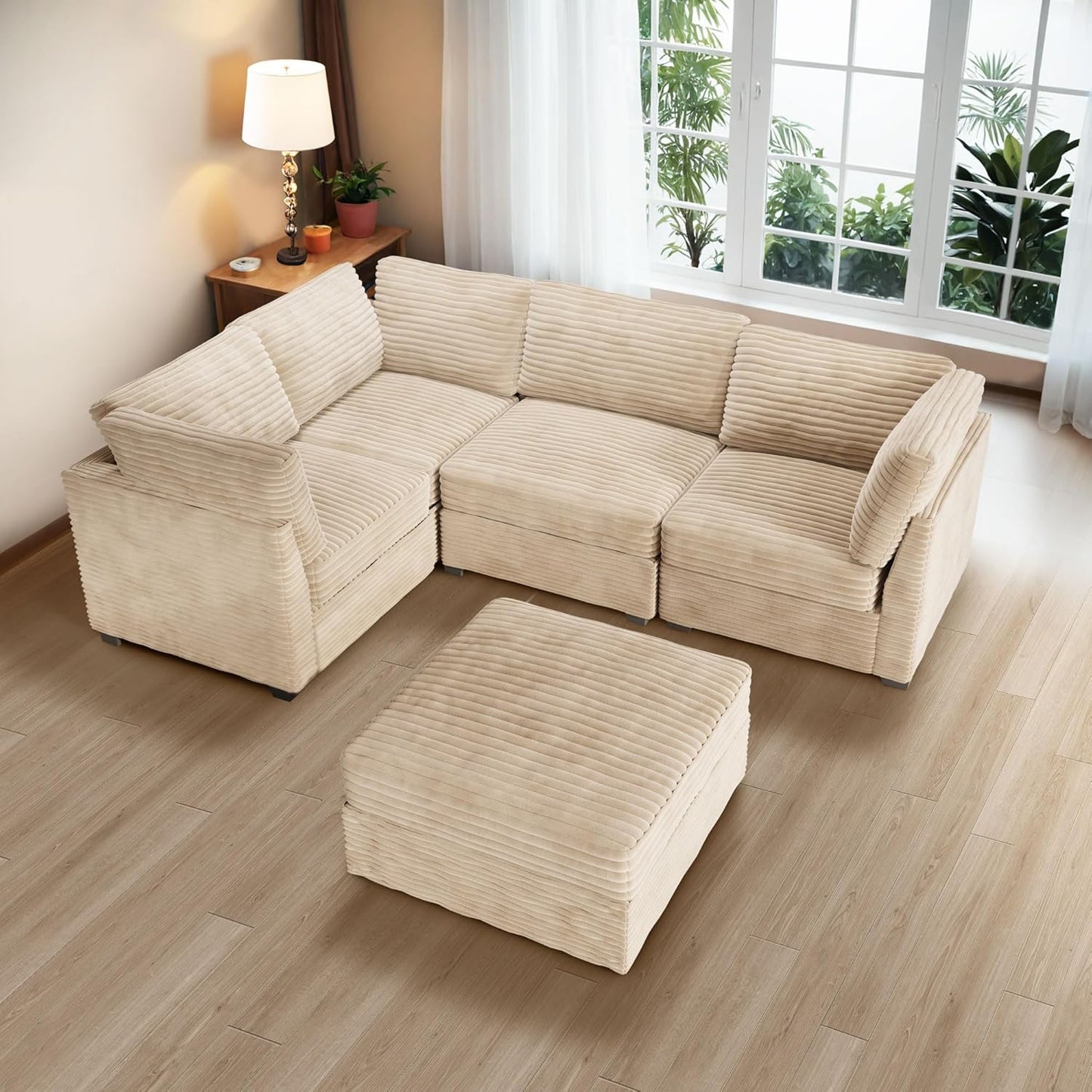 ovios Sectional Sofa Couch with L-Shape Chaise Sofa Bed, Comfy Modular Cloud Couches with Deep Seat, Modern Upholstered Plush Corduroy Sofas Set for Living Room, 5-Seater, Beige