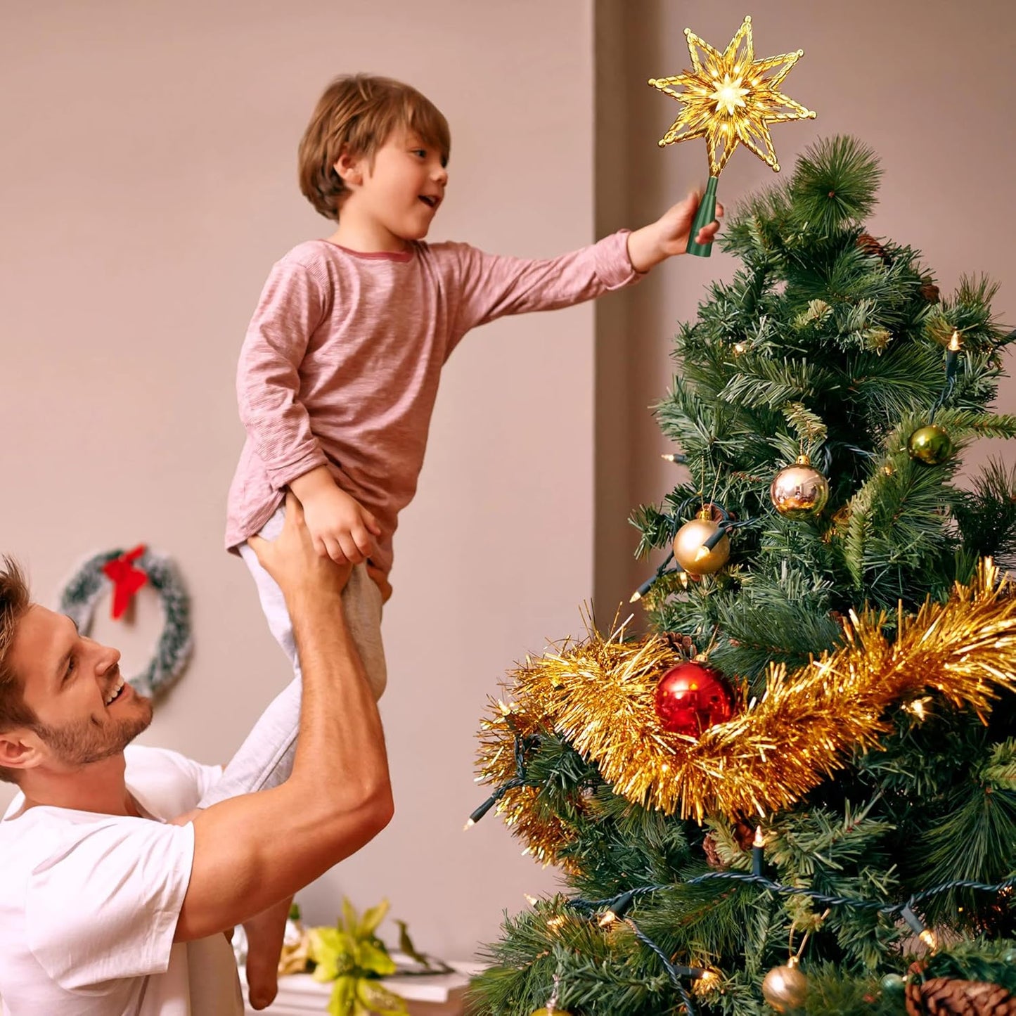 ODEETRONIC Christmas Star Tree Topper, 8 in 120V UL Certified Double Sided 8-Point Star Christmas Treetop Lights, Indoor Lighted Xmas Treetop for Bedroom Home Party Wedding Decor, Gold, Warm White