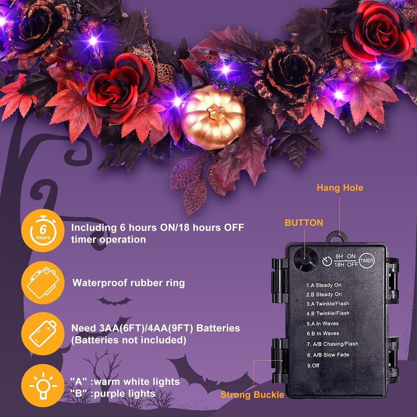 SHareconn 6FT Halloween Garland with Purple Lights Battery Operated and Timer, Pre-Lit Black Red Maple Leaves Lighted Garland Decorations for Fireplace Mantle Centerpiece Indoor Outdoor Decor, 6 FT