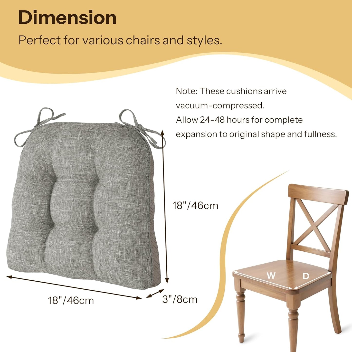 Non Slip Chair Cushions for Dining Chairs Set of 4 Kitchen Chair Cushions 18"x18"x3" Turfted Chair Pads Comfortable and Soft Seat Cushion with Ties, Light Grey