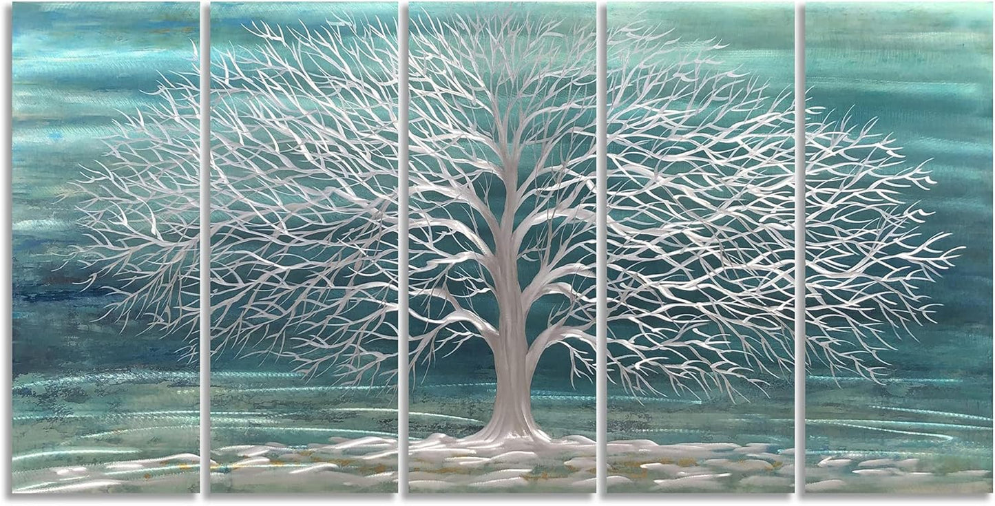 Yihui Arts Large Metal Wall Art Handcrafted Aesthetic Tree Pictures on Aluminum 5 Panels Teal and Silver Abstract Landscpae Artwork for Living Room Bedroom Dinning Decor